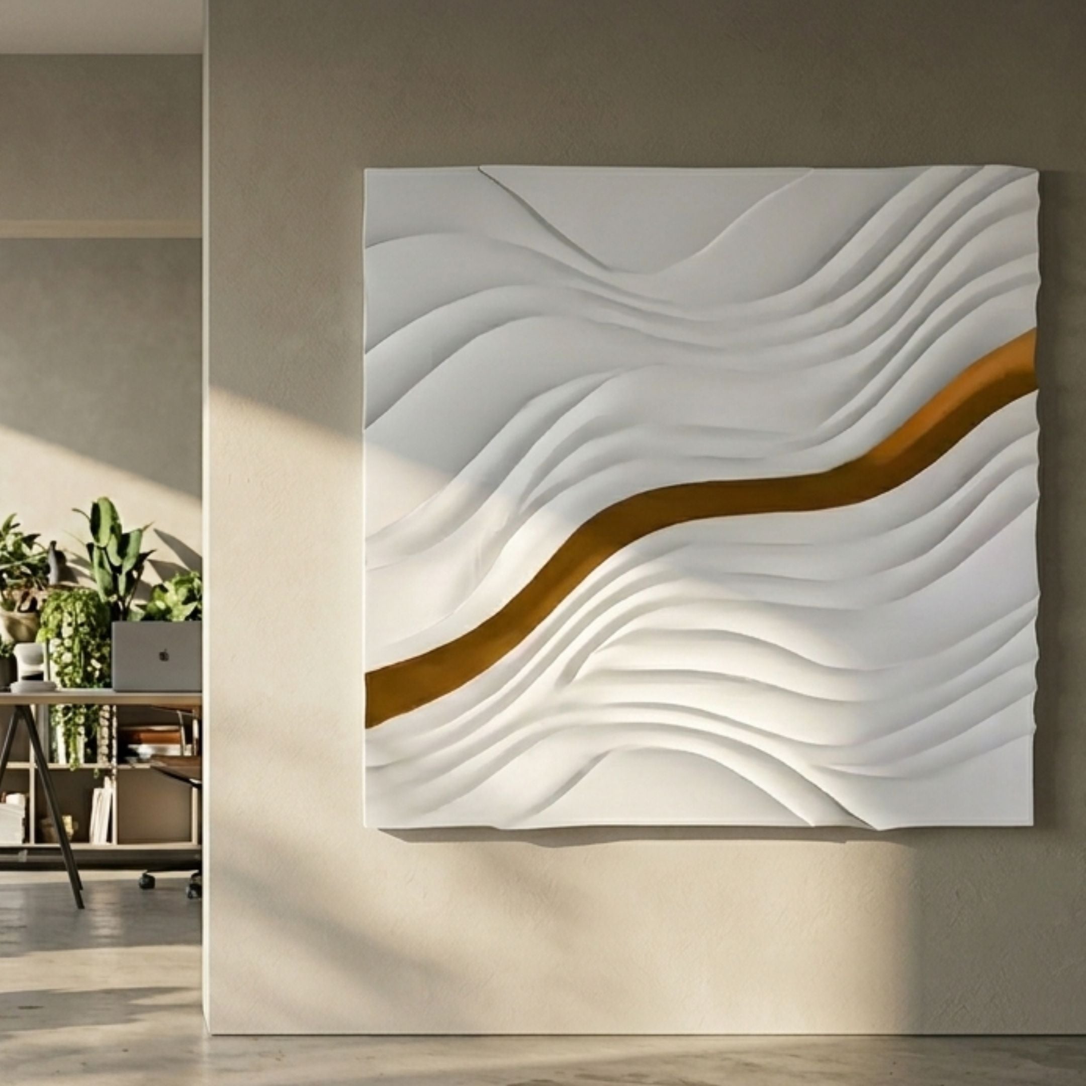 Evolva White & Gold Hand-Painted Wood Relief 3D Wall Art mounted on a neutral wall beside an office area with plants, a laptop, and desk shelving.