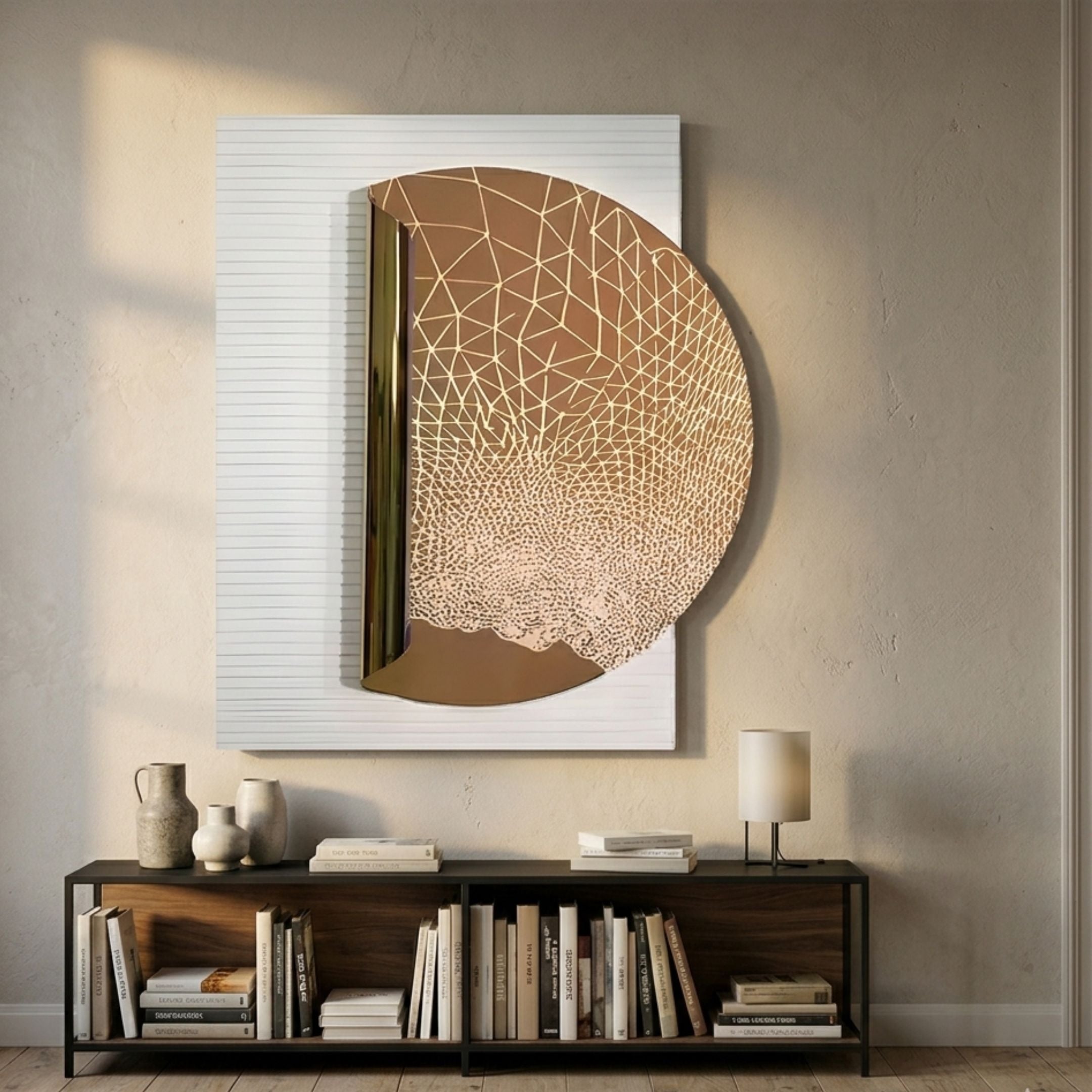 Artevia Gold & White Geometric Wood Relief 3D Wall Art displayed above a dark console with books, vases, and a lamp in a neutral living space.