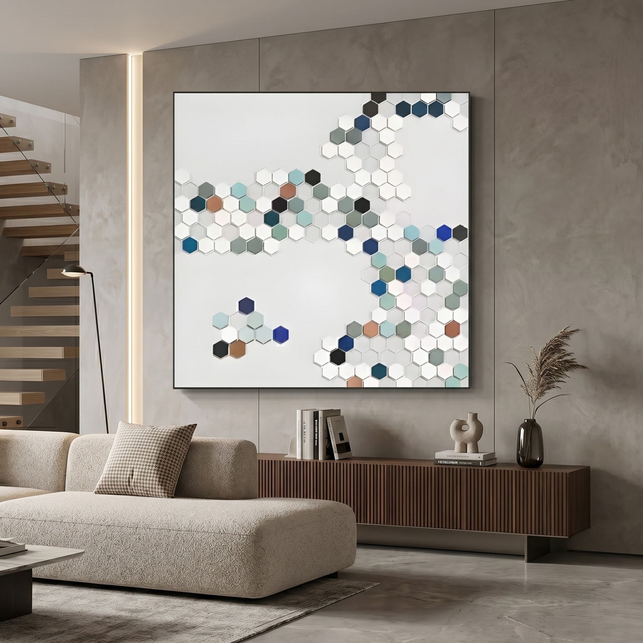 Hexara Square II Block Mosaic 3D Wall Art by Giant Sculptures displayed above a wooden console in a modern living room with a boucle sofa and staircase.