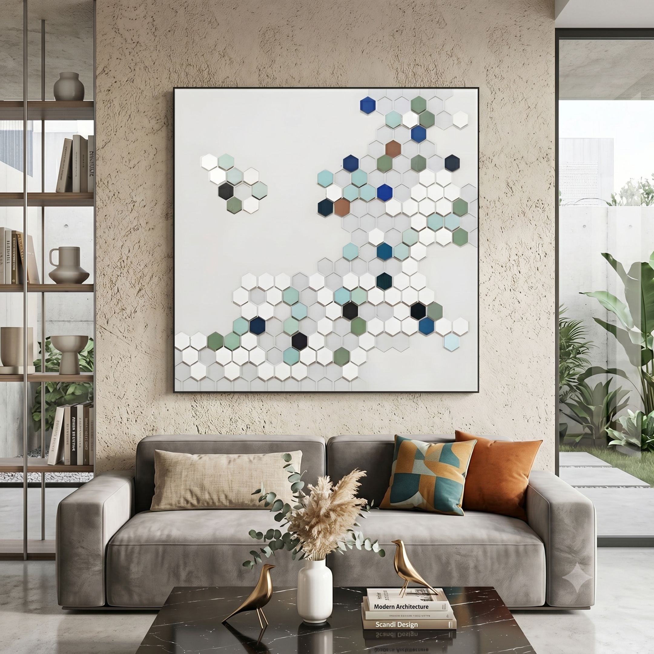 Hexara Square I Block Mosaic 3D Wall Art by Giant Sculptures in blue, green, white and sandstone hexagonal tiles, displayed above a grey sofa in a modern living room.
