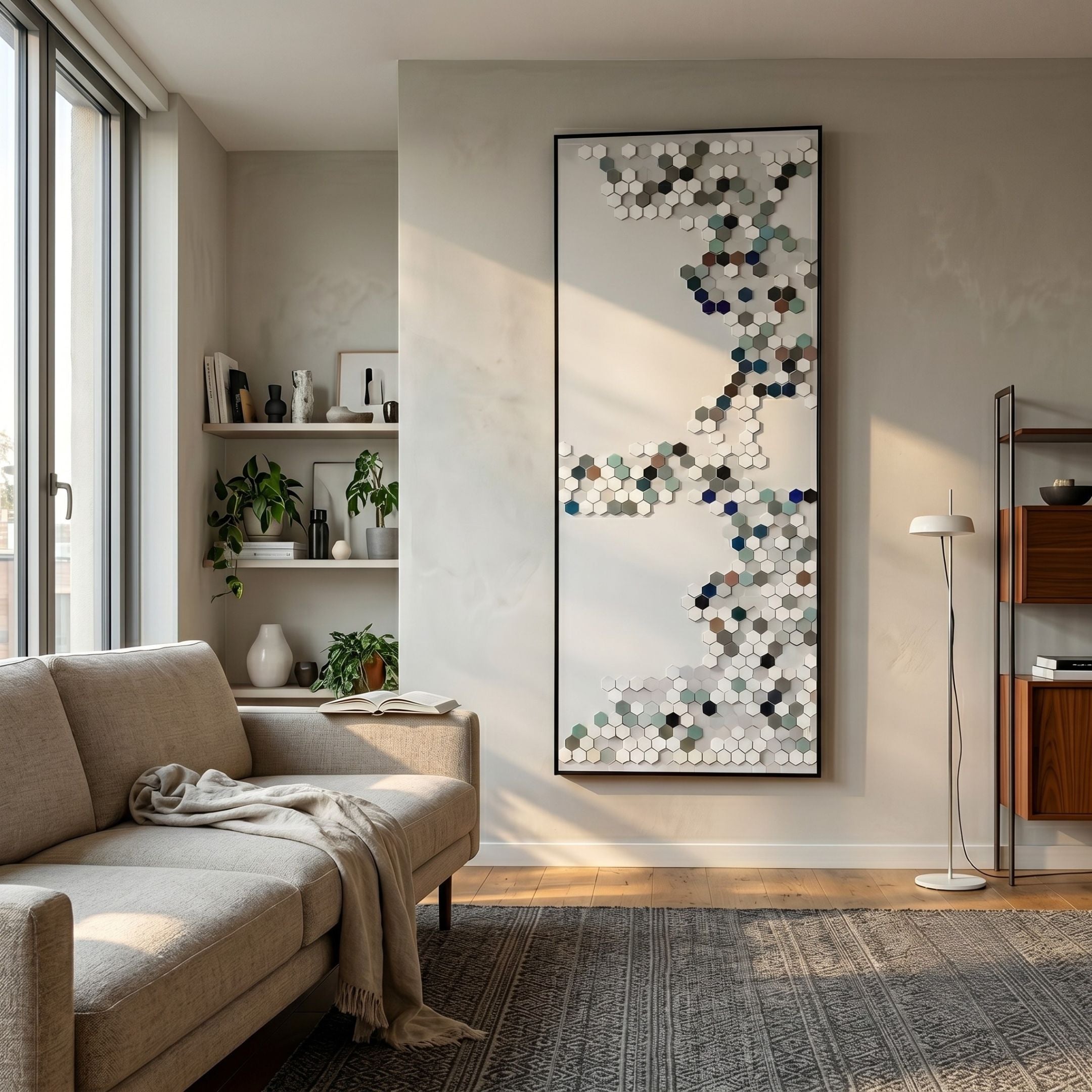 Hexara Vertical II Block Mosaic 3D Wall Art by Giant Sculptures, a tall framed hexagonal tile composition in white, grey, and blue, displayed in a modern living room.