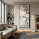 Hexara Vertical II Block Mosaic 3D Wall Art by Giant Sculptures, a tall framed hexagonal tile composition in white, grey, and blue, displayed in a modern living room.