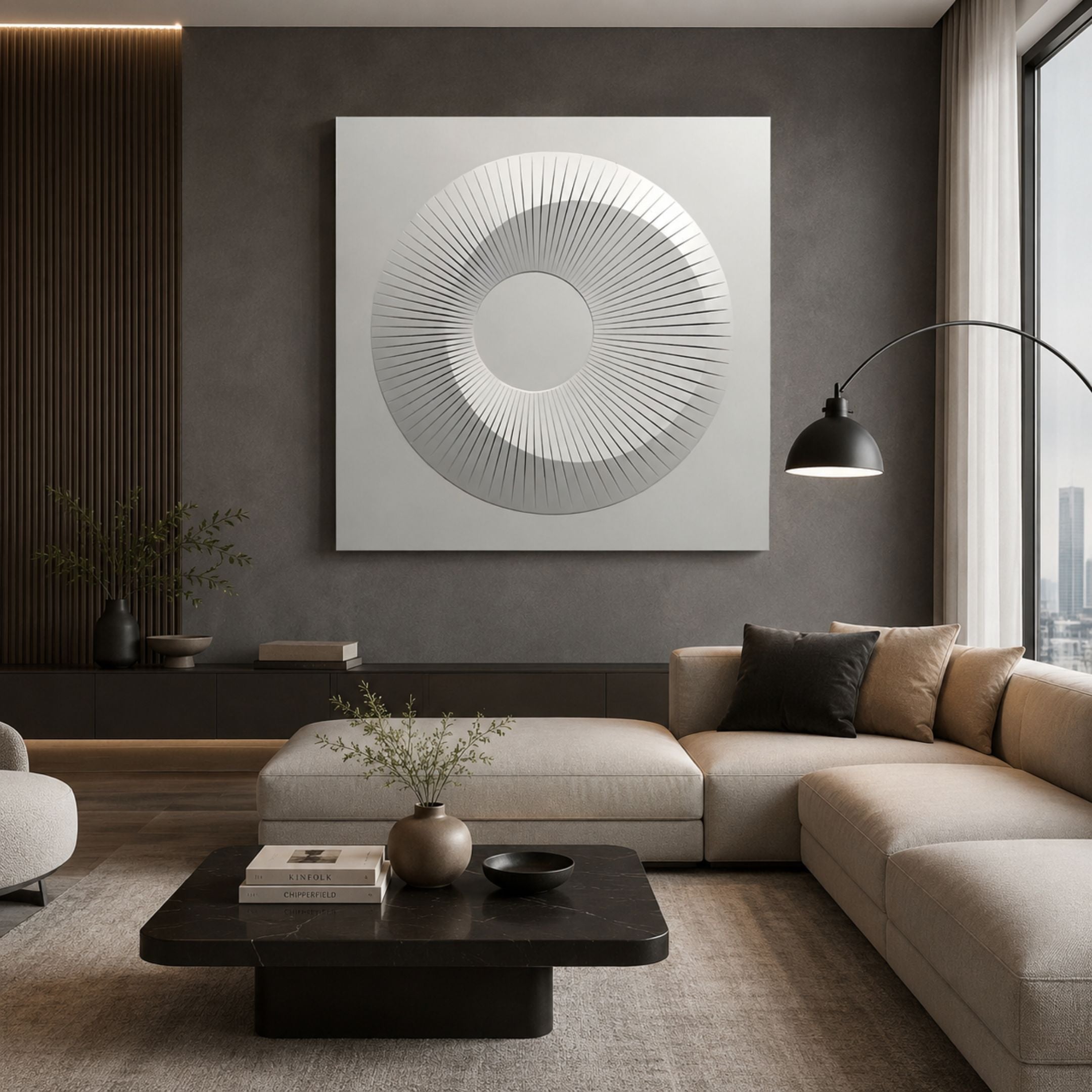 Solveta Grey Spiral Wood Relief 3D Wall Art by Giant Sculptures displayed above a black marble coffee table in a modern living room with beige sofa.