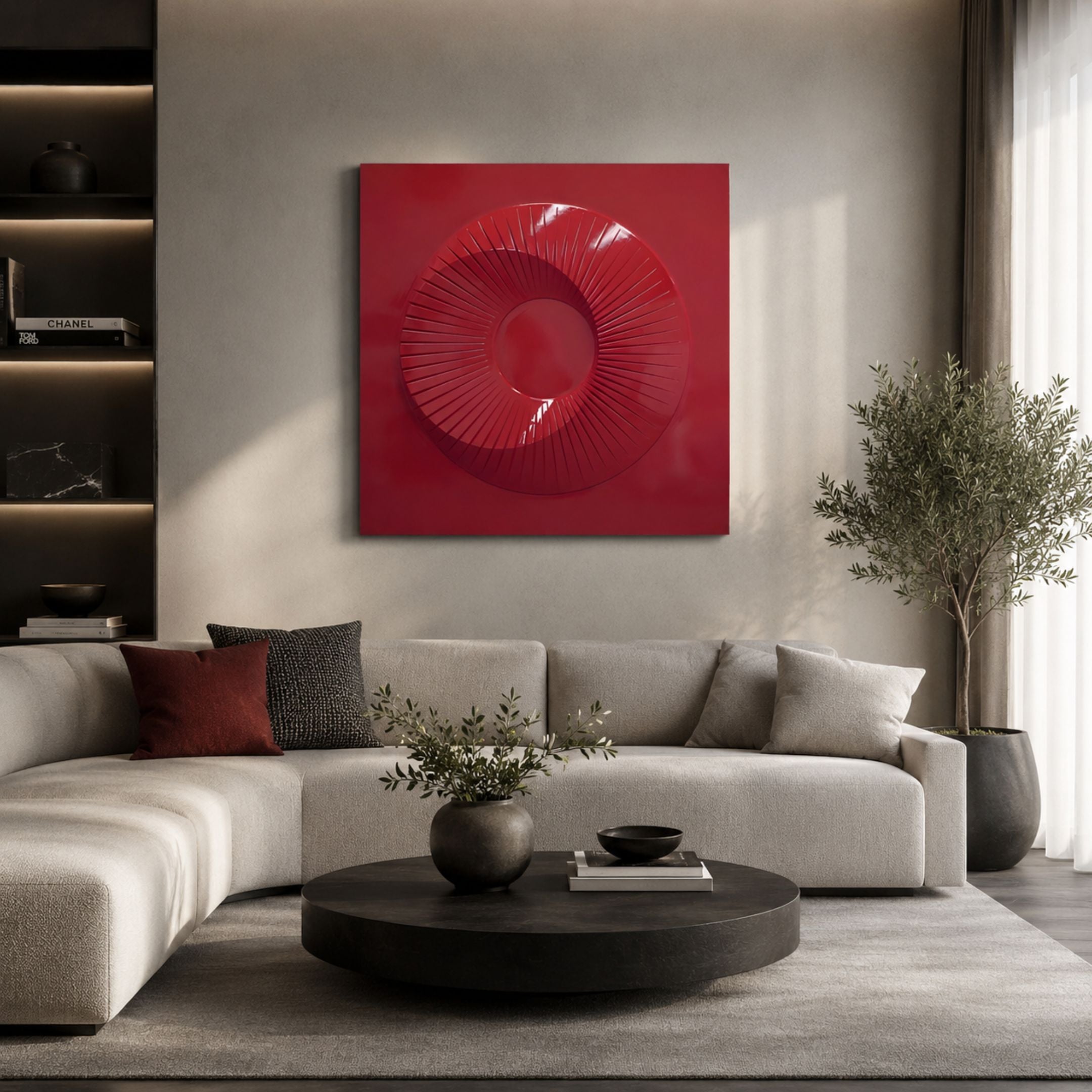 Solveta Red Spiral Wood Relief 3D Wall Art by Giant Sculptures mounted above a grey sectional sofa with black round coffee table and olive tree in a modern living room.