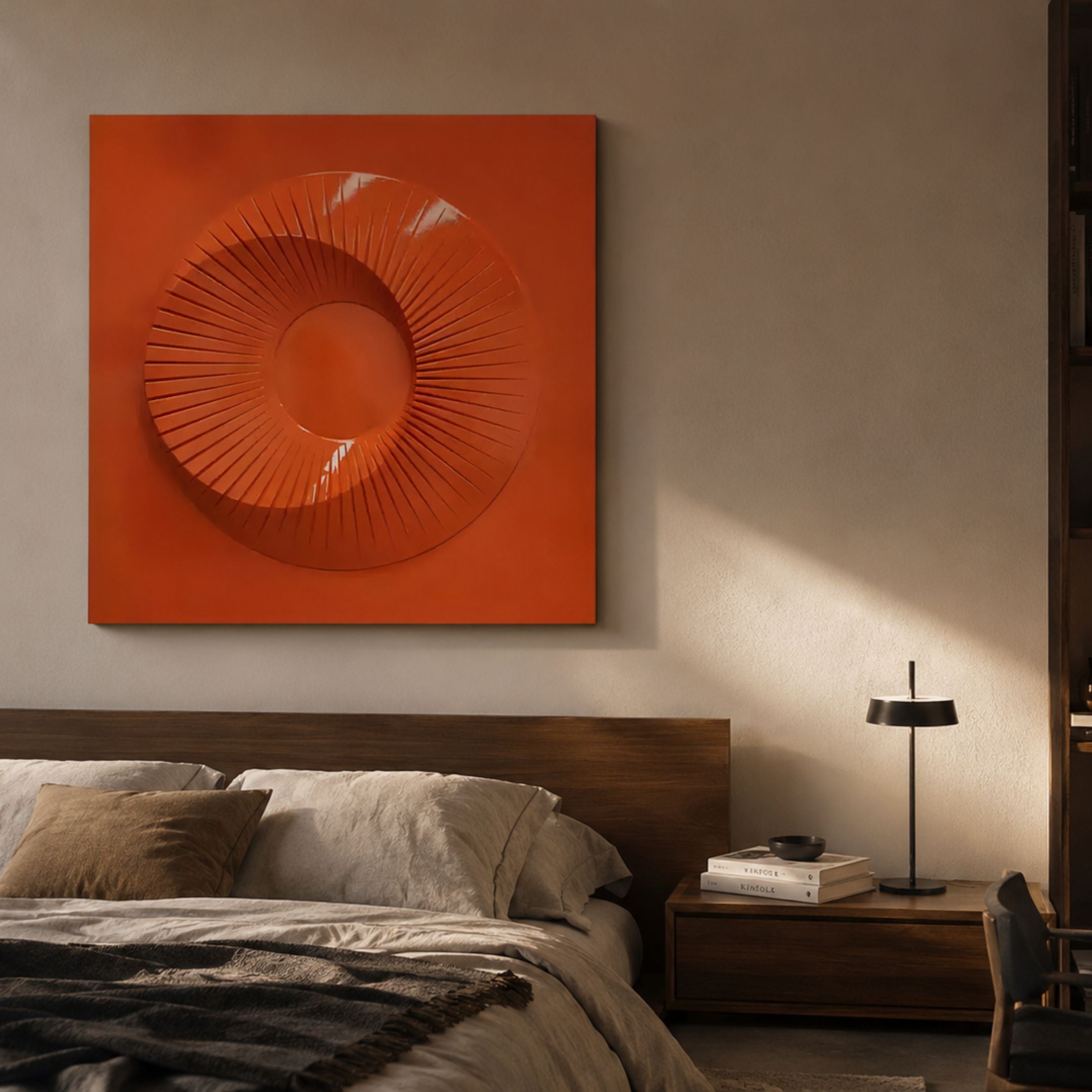 Solveta Orange Spiral Wood Relief 3D Wall Art by Giant Sculptures mounted above a wooden bed with linen bedding and a bedside lamp in a modern bedroom.