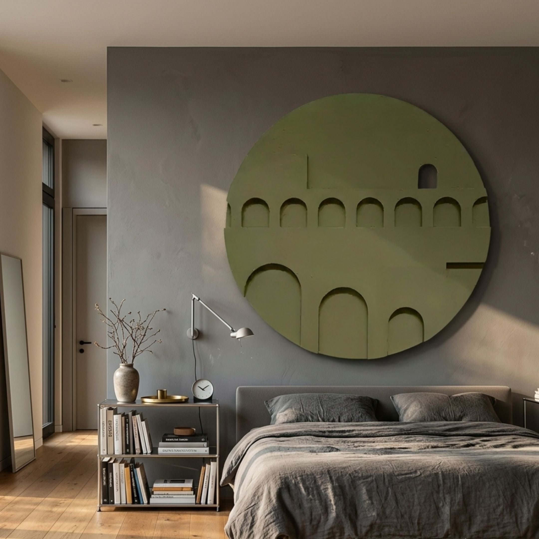 Arcuza Olive II Wood Carving Sandstone 3D Wall Art by Giant Sculptures, a round olive-green carved panel with stacked arches, mounted above a grey upholstered bed.