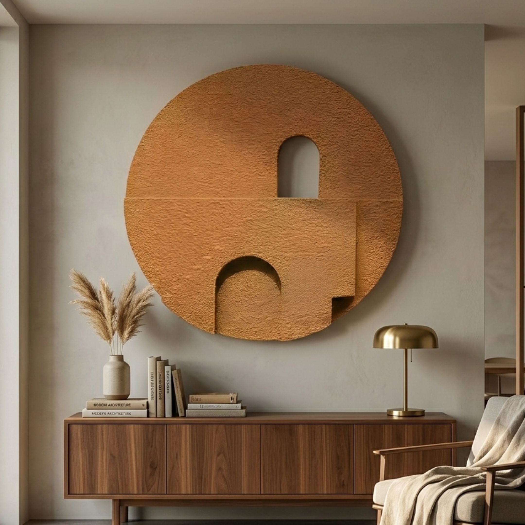Arcuza Ochre III Wood Carving Sandstone 3D Wall Art by Giant Sculptures mounted above a walnut sideboard with pampas grass, books, and a brass lamp.