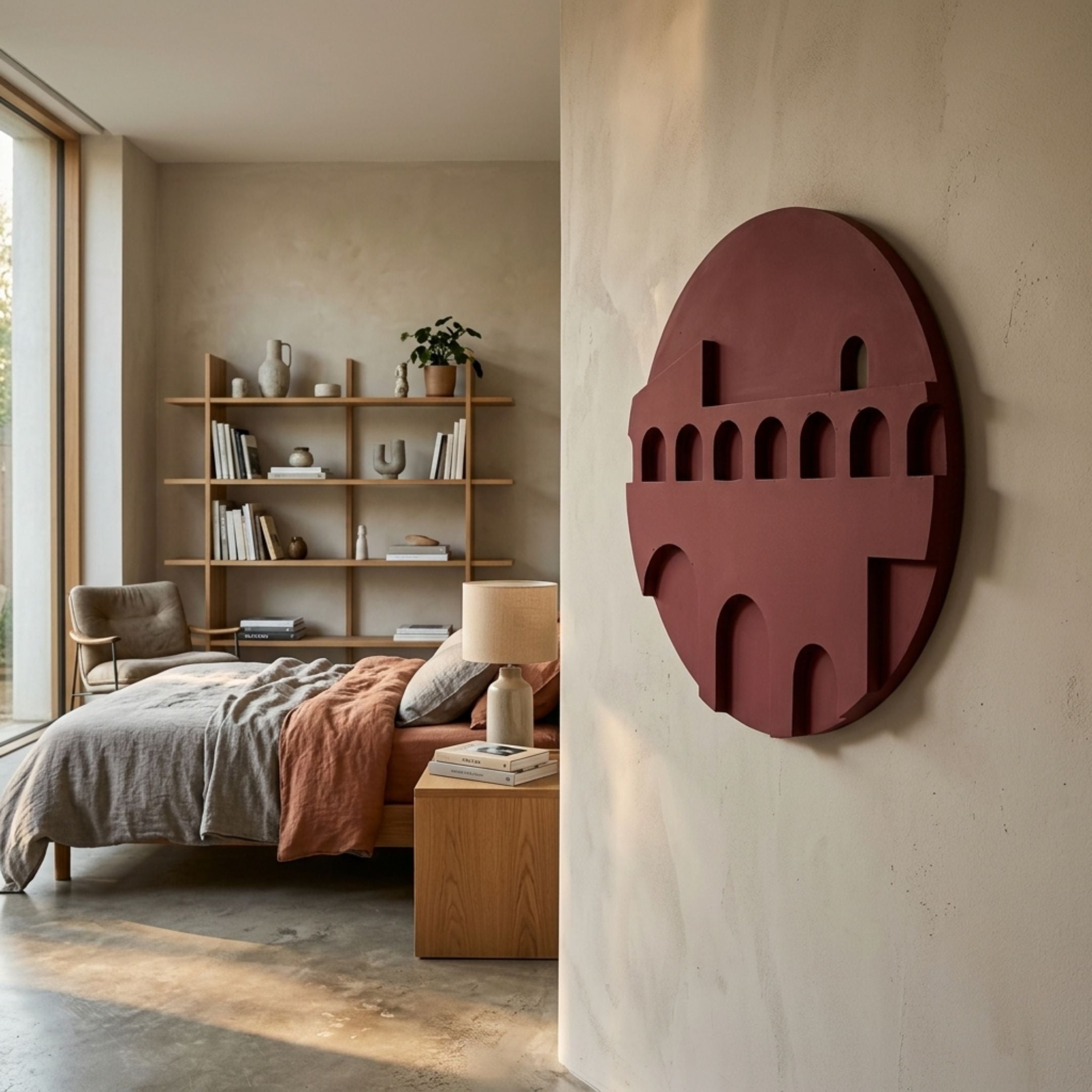Arcuza Burgundy II Wood Carving Sandstone 3D Wall Art by Giant Sculptures mounted on a cream wall beside a bedroom with linen bedding, oak shelving and a reading chair.
