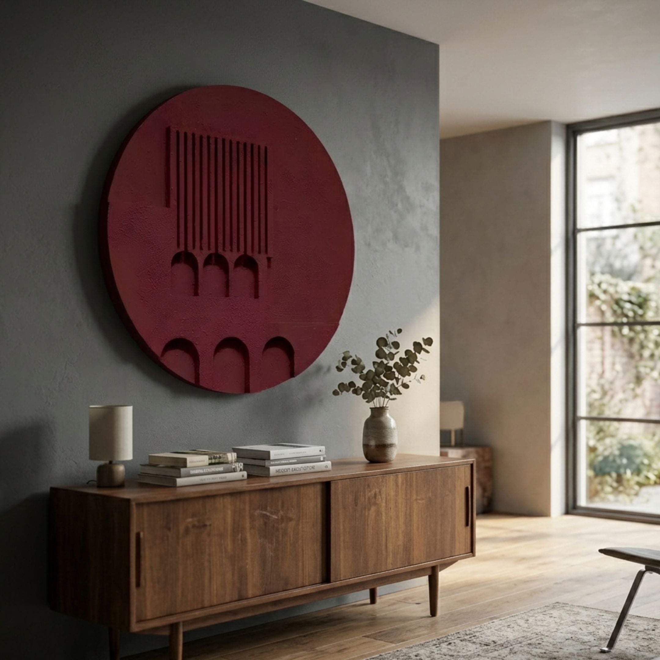 Arcuza Burgundy I Wood Carving Sandstone 3D Wall Art by Giant Sculptures mounted above a walnut sideboard with books, lamp and eucalyptus vase in a grey room.