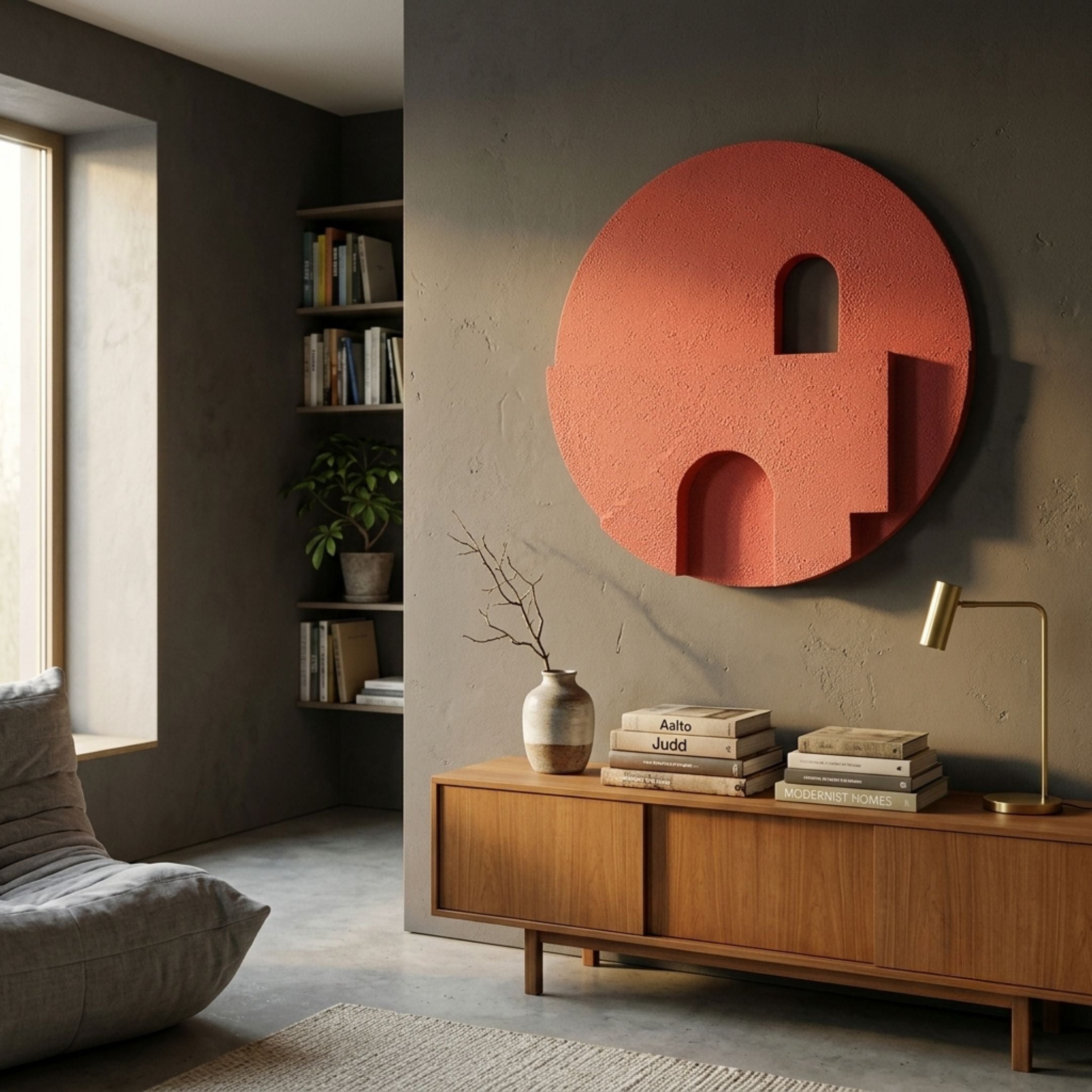 Arcuza Rose III Wood Carving Sandstone 3D Wall Art by Giant Sculptures, a rose-toned circular relief with carved arches, mounted above a teak sideboard.