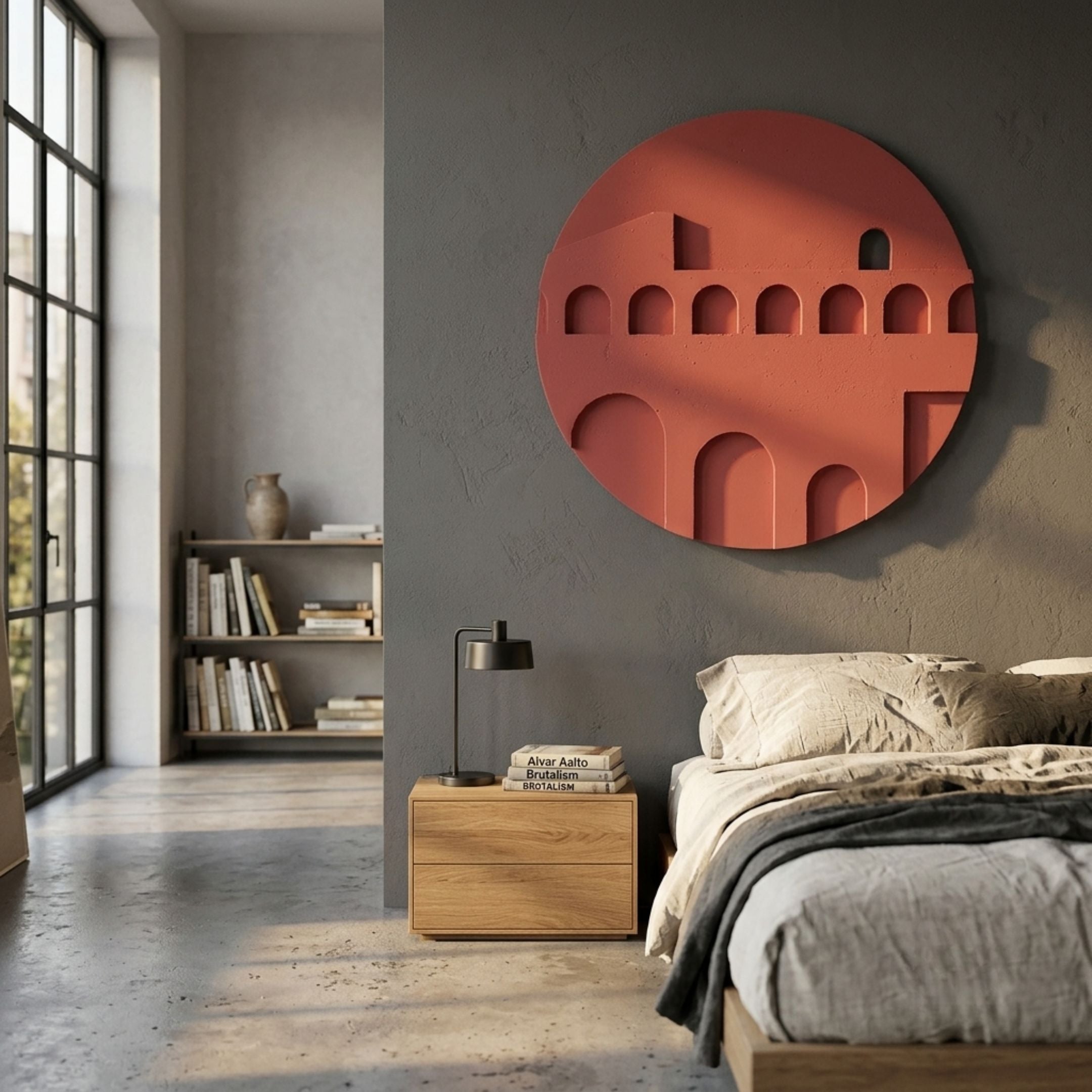 Arcuza Rose II Wood Carving Sandstone 3D Wall Art by Giant Sculptures, mounted on a grey bedroom wall above an oak nightstand beside a linen-dressed bed.