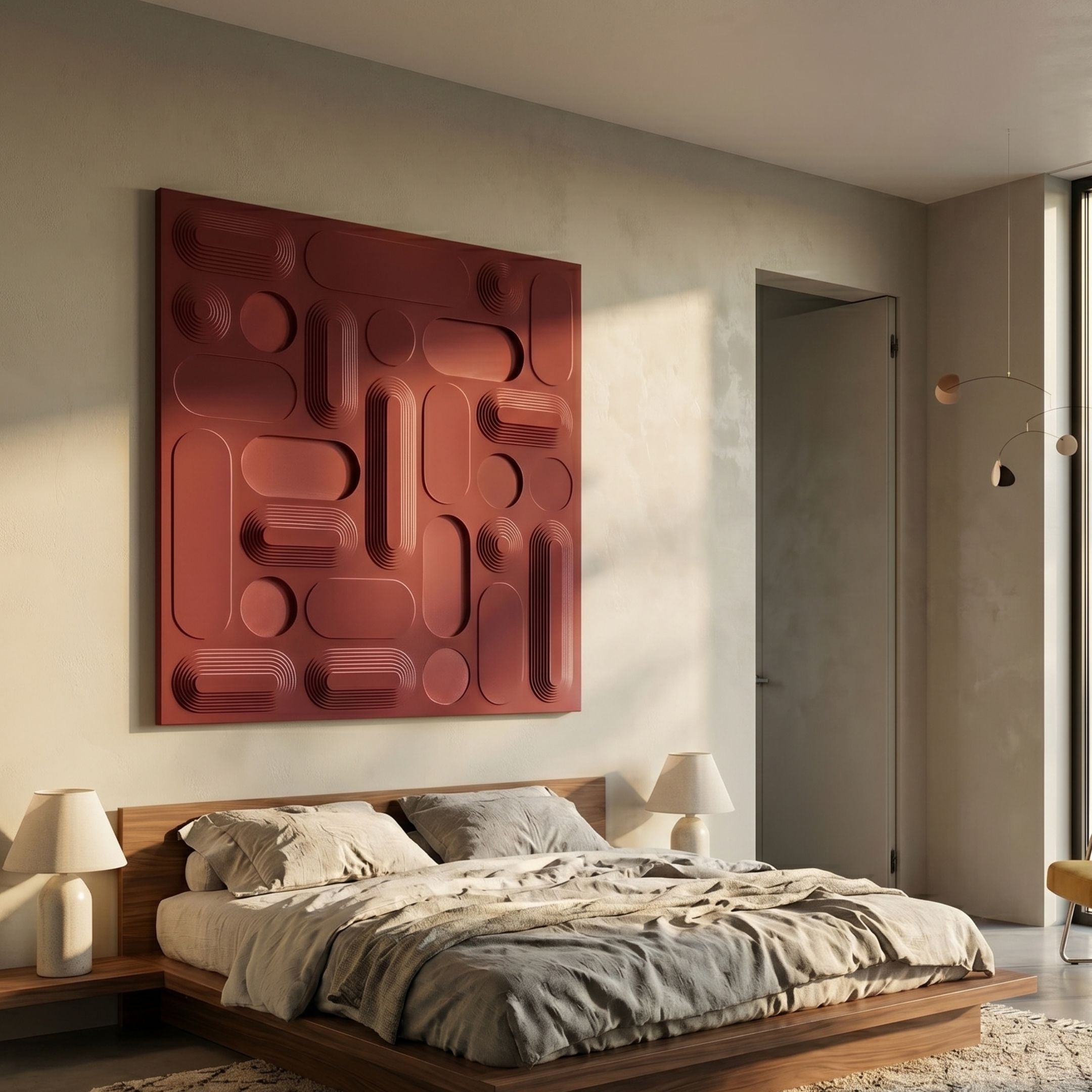Grida Brick Red I Wood Carving 3D Wall Art by Giant Sculptures, mounted above a walnut platform bed with linen bedding in a sunlit modern bedroom.