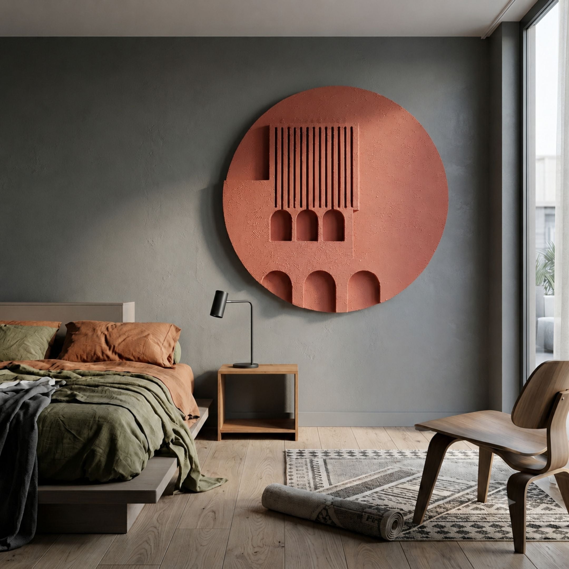 Arcuza Rose I Wood Carving Sandstone 3D Wall Art by Giant Sculptures, a rose-toned circular relief with vertical slats and arched recesses, mounted in a grey bedroom.