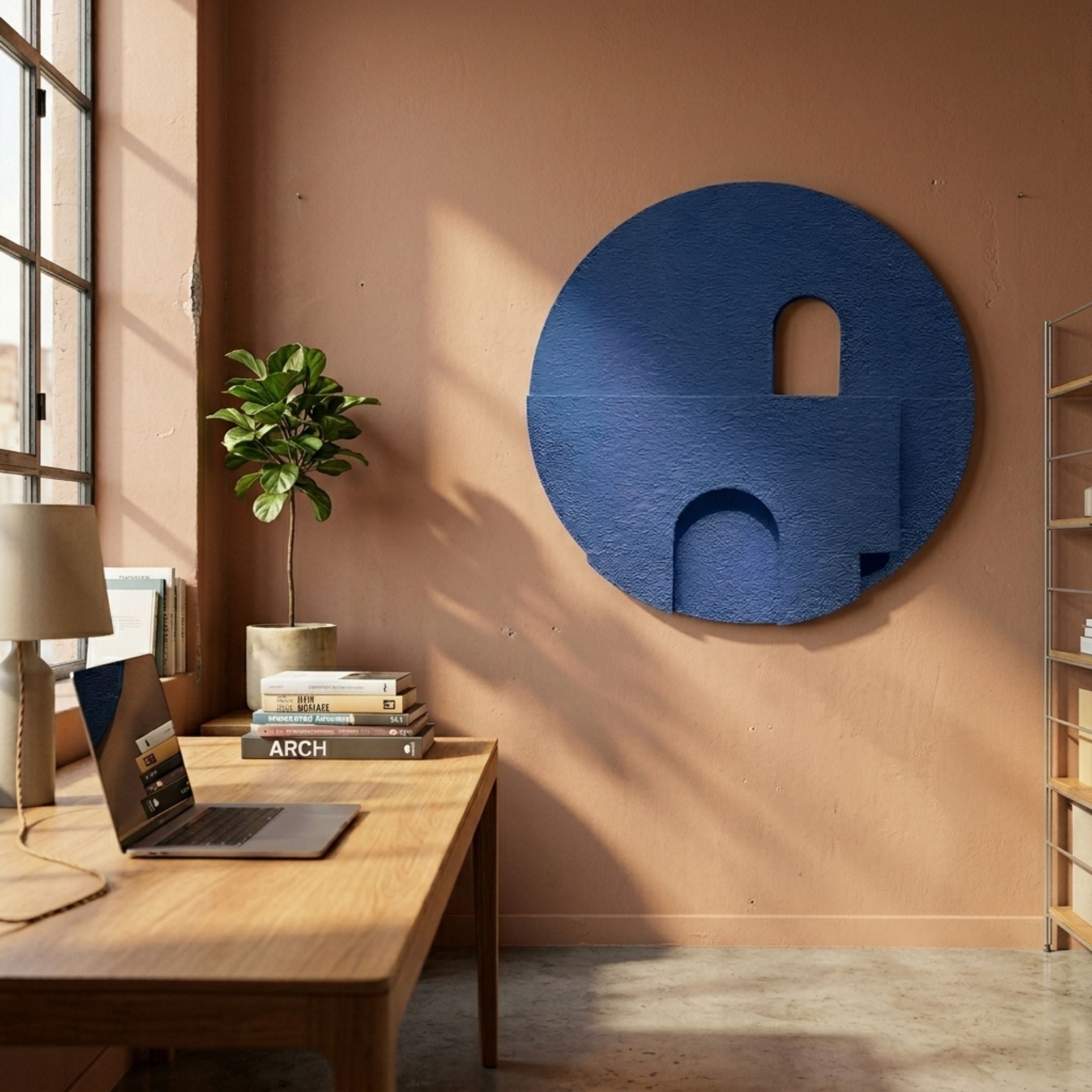Arcuza Blue III Wood Carving Sandstone 3D Wall Art mounted on a terracotta wall above a wooden desk with laptop, books, and a potted plant in a sunlit office.