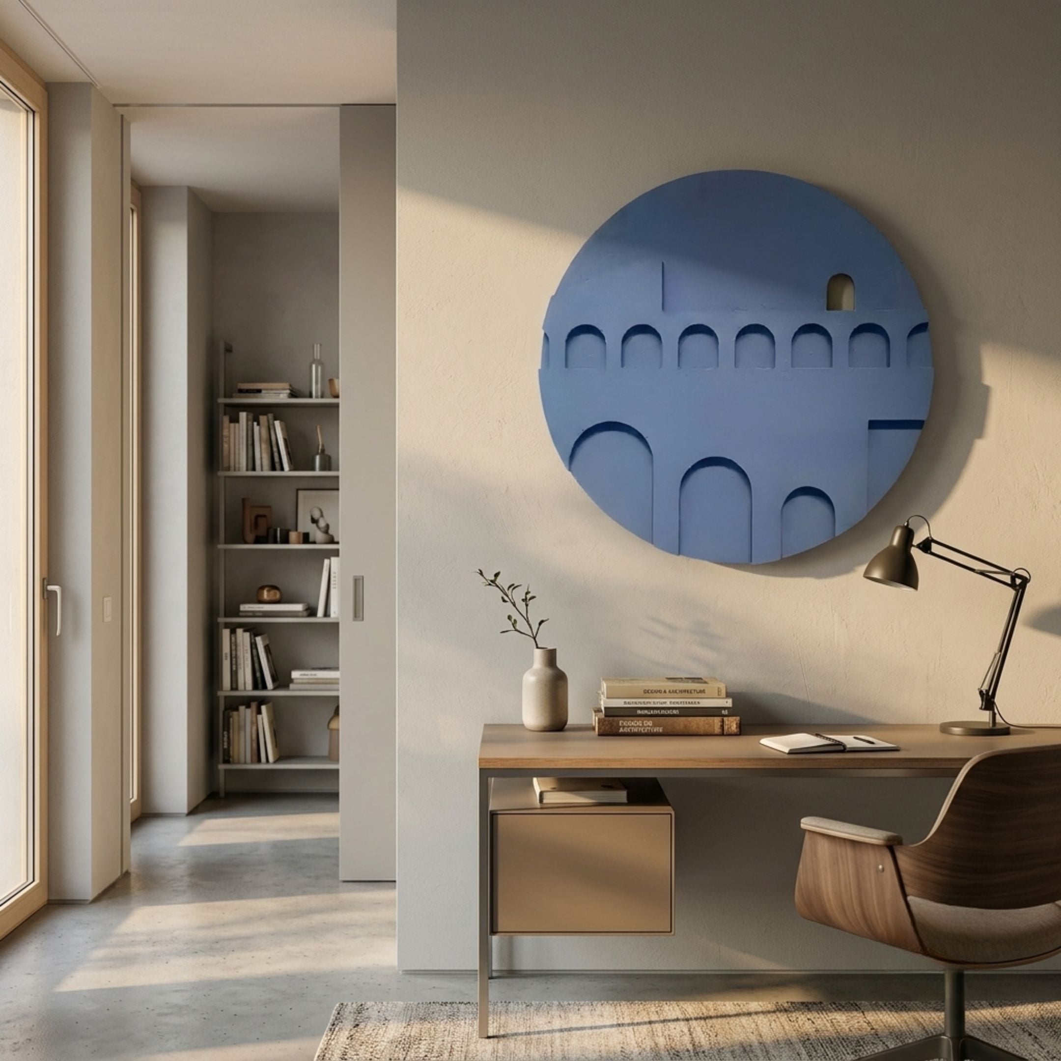 Arcuza Blue II Wood Carving Sandstone 3D Wall Art by Giant Sculptures, a matte indigo circular relief of tiered arches, displayed above a desk in a home office.