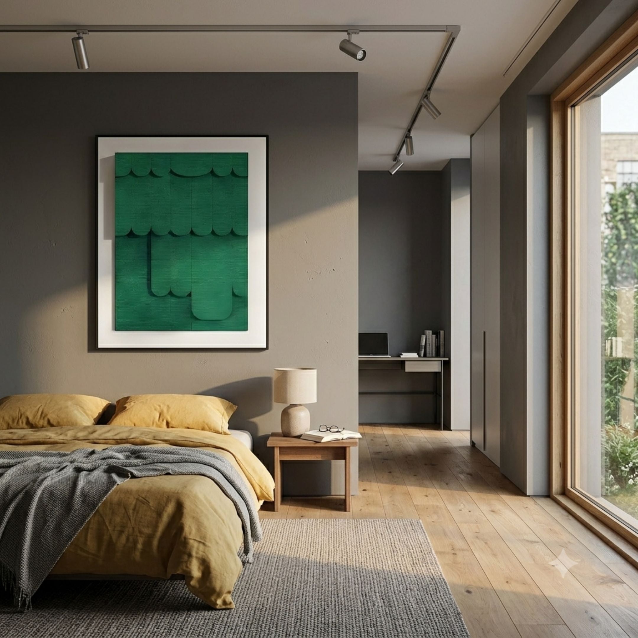 Cascala Green Layered Wood Carving 3D Wall Art by Giant Sculptures displayed in a modern bedroom above a mustard-linen bed with grey walls and oak flooring.