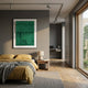Cascala Green Layered Wood Carving 3D Wall Art by Giant Sculptures displayed in a modern bedroom above a mustard-linen bed with grey walls and oak flooring.