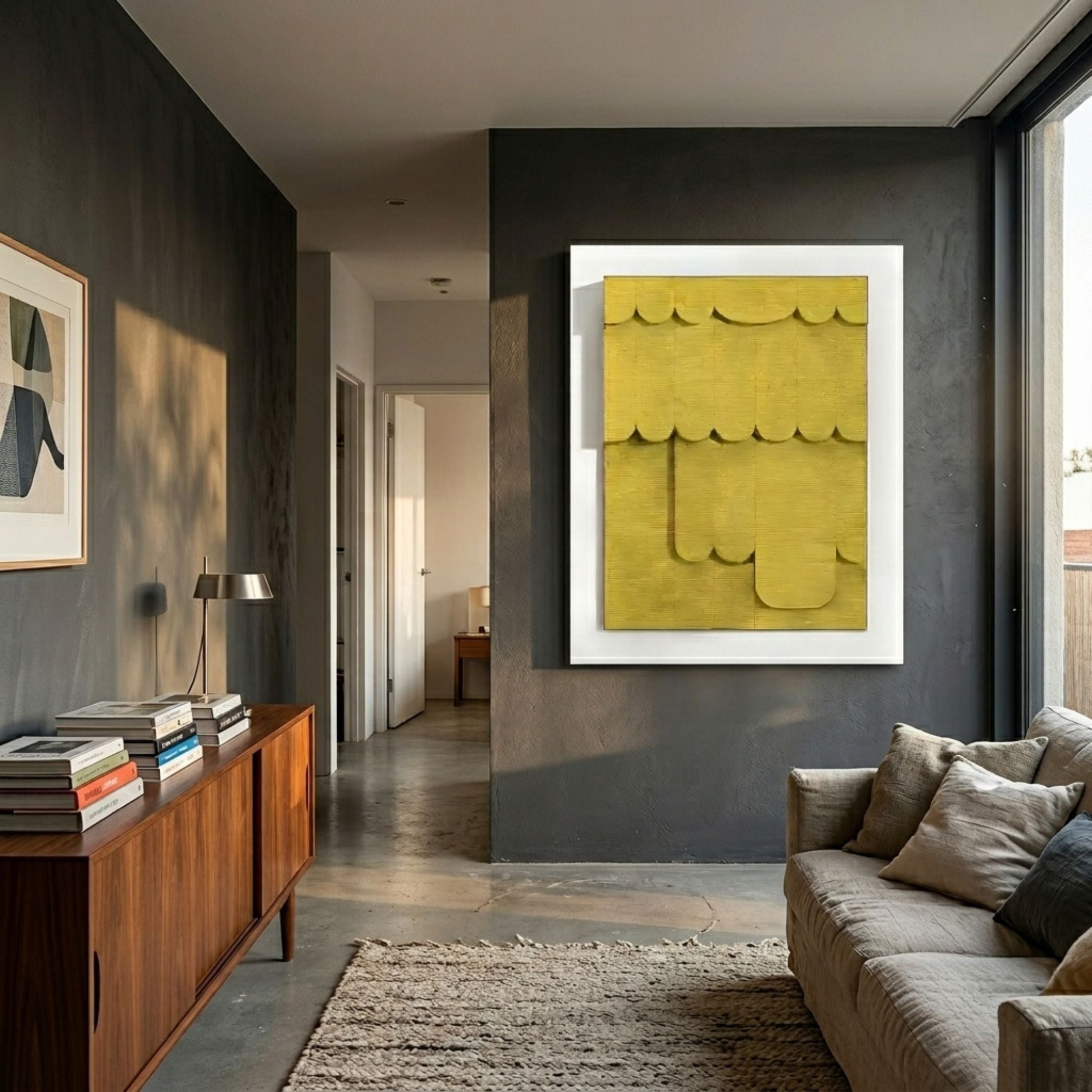 Cascala Yellow Layered Wood Carving 3D Wall Art by Giant Sculptures mounted on a charcoal wall in a modern living room with mid-century sideboard and linen sofa.