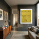 Cascala Yellow Layered Wood Carving 3D Wall Art by Giant Sculptures mounted on a charcoal wall in a modern living room with mid-century sideboard and linen sofa.