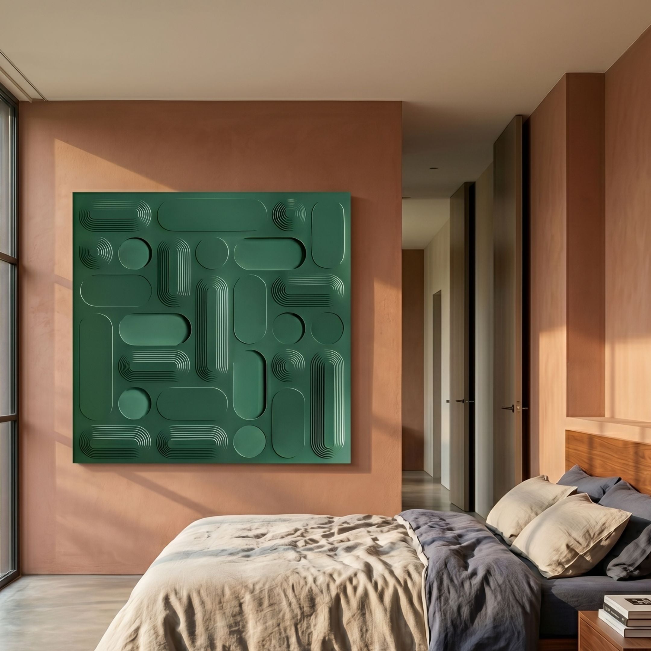 Grida Forest Green I Wood Carving 3D Wall Art by Giant Sculptures, mounted on a terracotta bedroom wall above a linen-dressed bed near a sunlit hallway.