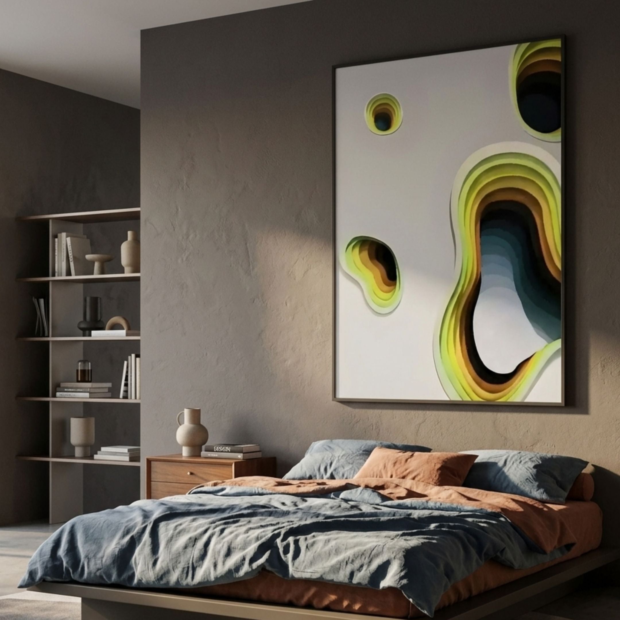 Cratera Lime & Earth Wood Carving 3D Wall Art by Giant Sculptures displayed above a bed with blue and rust linens in a warm grey modern bedroom.