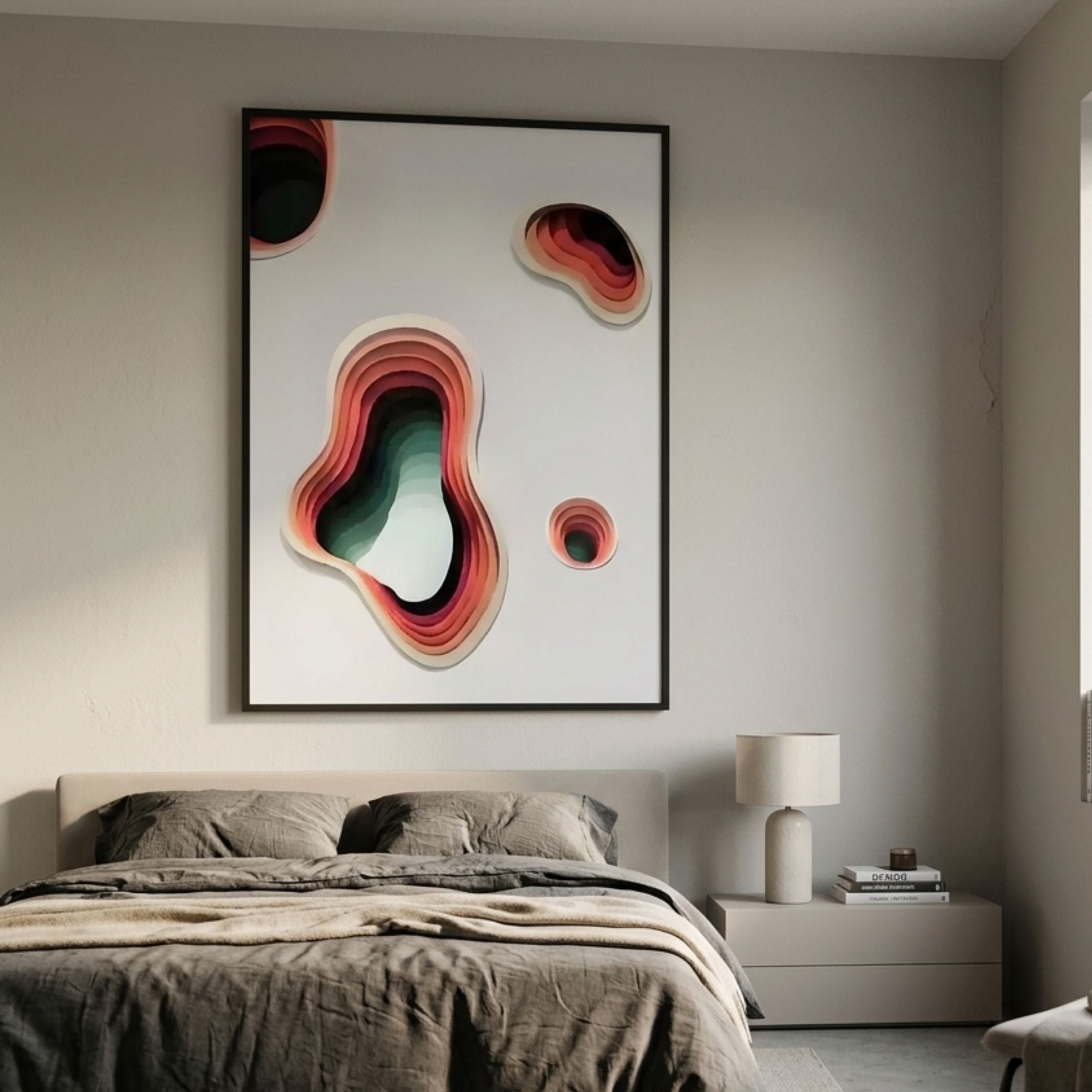 Cratera Rose & Teal Wood Carving 3D Wall Art by Giant Sculptures displayed above a bed with grey linen and a pale nightstand in a modern bedroom.