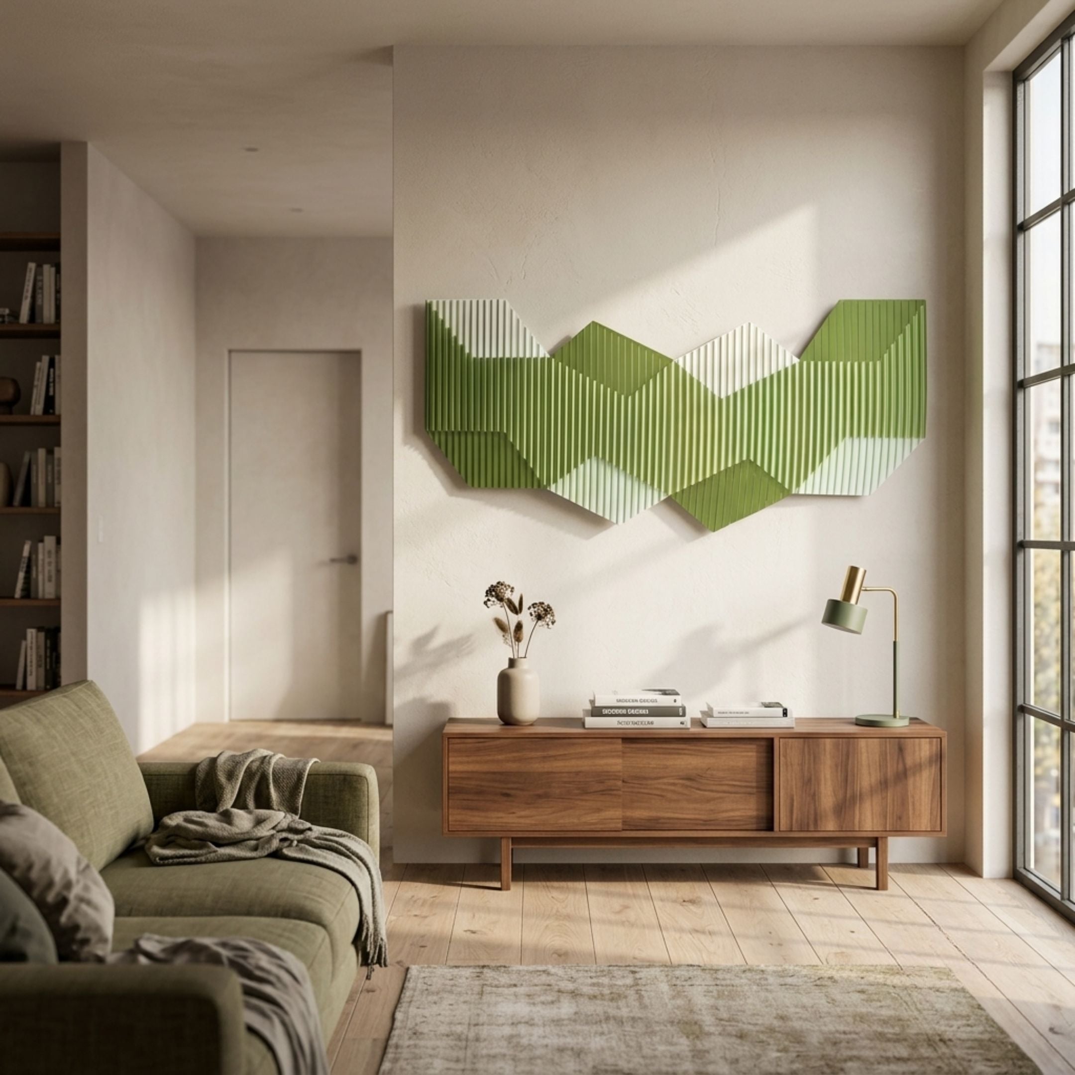 Vertex Green & Pale Mint Ridge Acrylic & Wood Carving 3D Wall Art by Giant Sculptures displayed above a walnut sideboard in a sunlit living room.