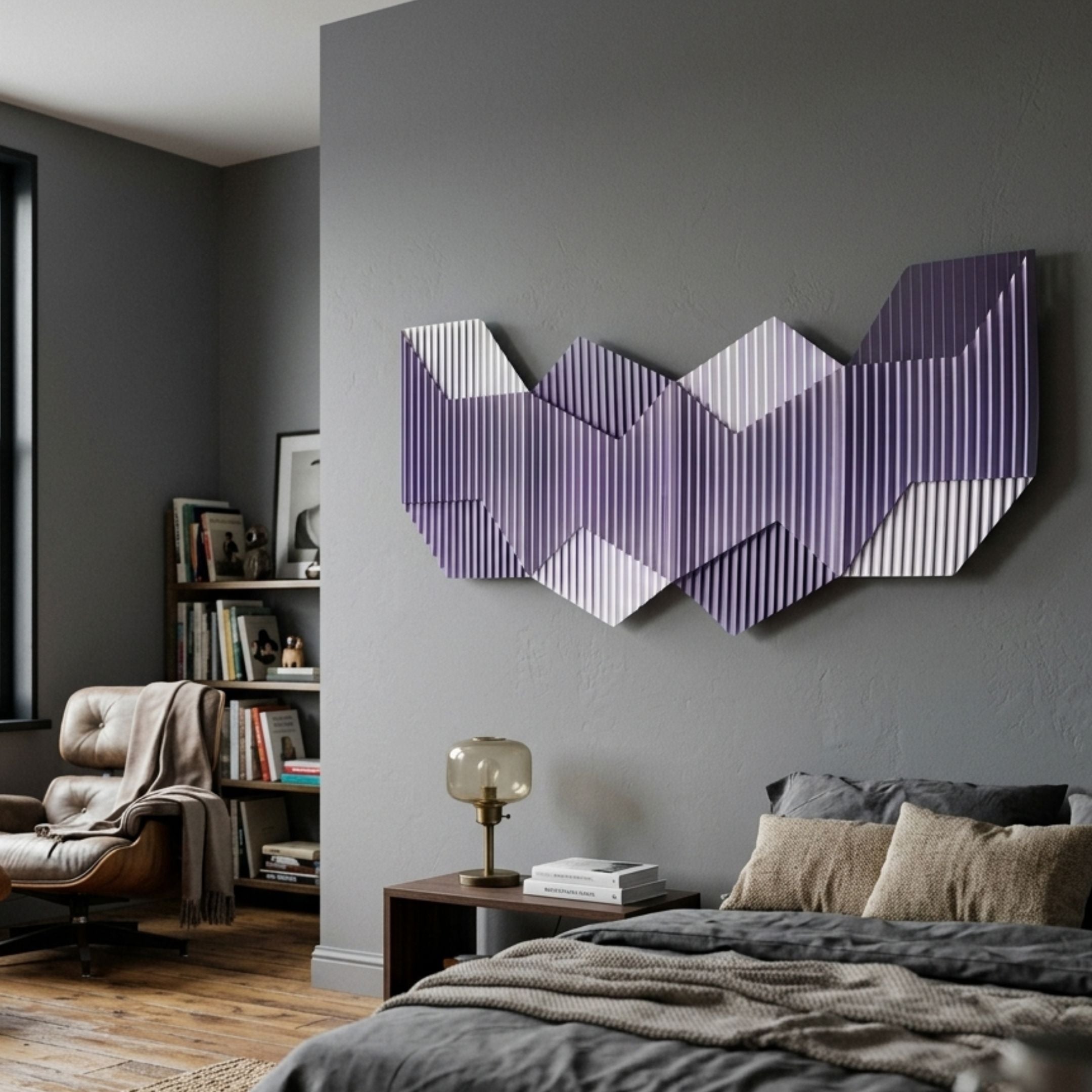 Vertex Lavender & Soft Lilac Ridge Acrylic & Wood Carving 3D Wall Art by Giant Sculptures mounted on a grey bedroom wall above a nightstand beside a leather chair.