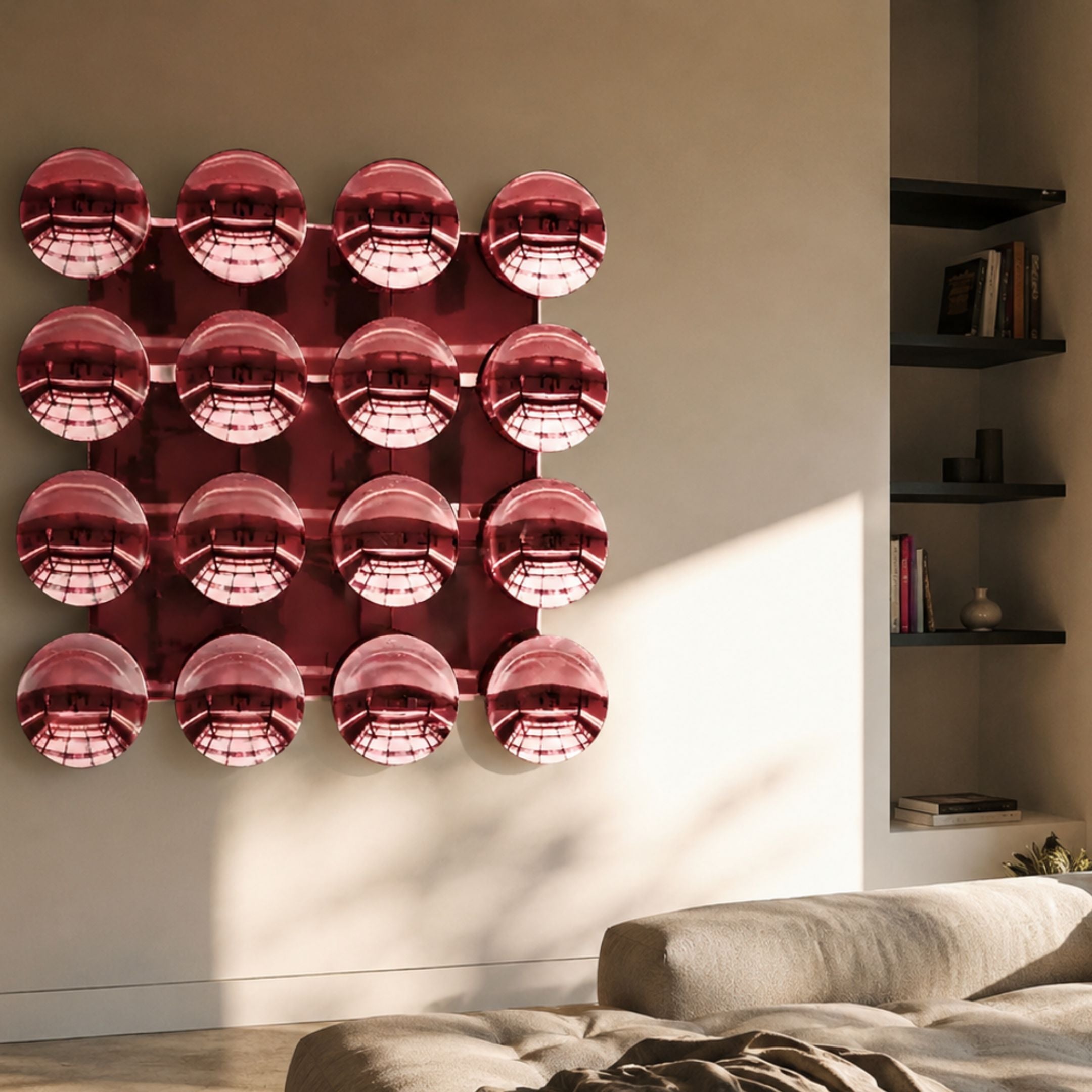 Dome Crimson Red Acrylic 3D Wall Art by Giant Sculptures, sixteen glossy hemispheres in a four-by-four grid, mounted in a sunlit living room beside dark shelves.