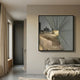 Urbanist III Abstract Architecture Acrylic & Leather 3D Wall Art by Giant Sculptures, grey cityscape with gold square accent, mounted above a linen bed.