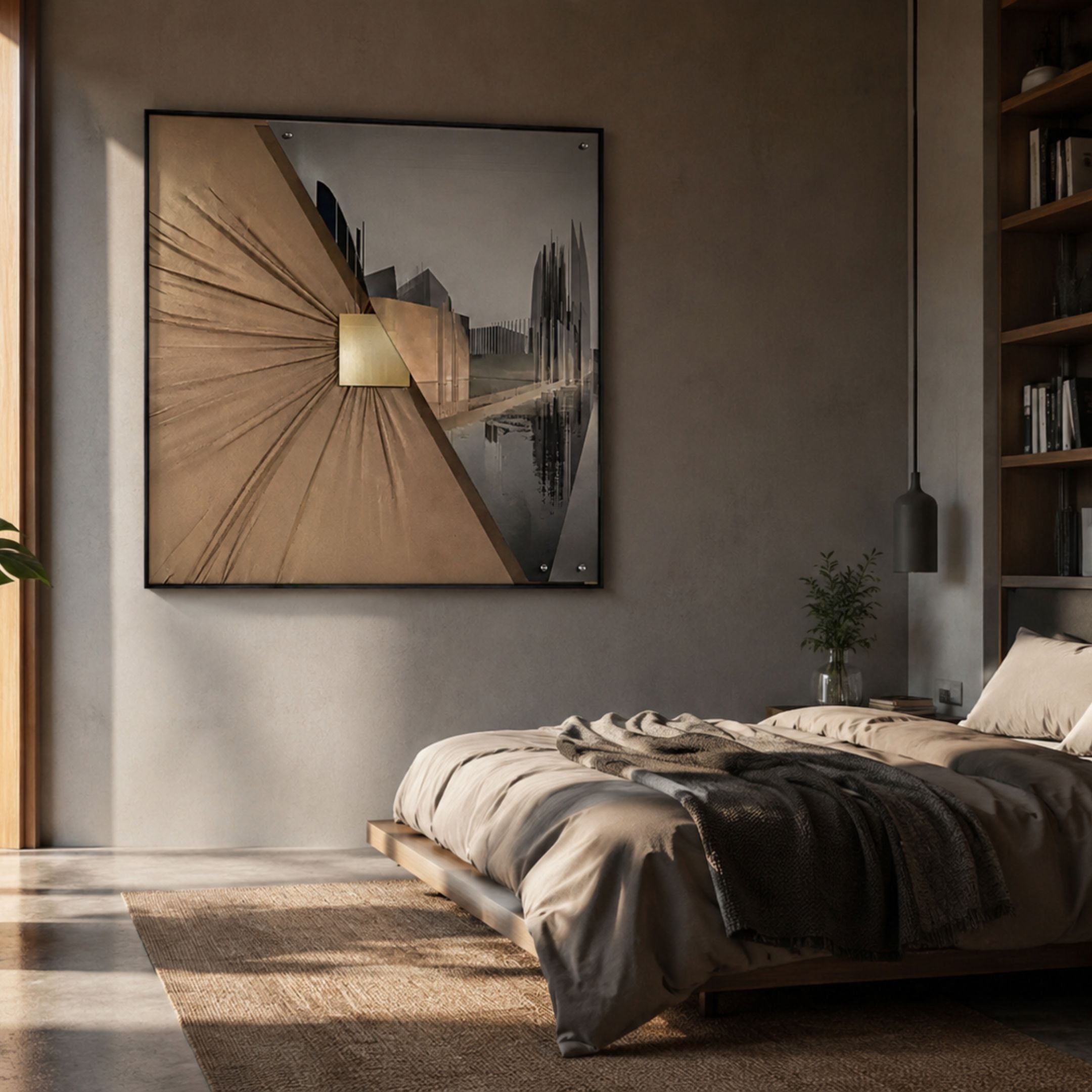 Urbanist II Abstract Architecture 3D Wall Art by Giant Sculptures displayed above a low bed in a warm minimalist bedroom with bookshelves and pendant light.