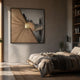 Urbanist II Abstract Architecture 3D Wall Art by Giant Sculptures displayed above a low bed in a warm minimalist bedroom with bookshelves and pendant light.
