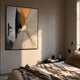 Urbanist I Abstract Architecture Acrylic & Leather 3D Wall Art by Giant Sculptures, mounted above a bedside table in a warm-toned bedroom with linen bedding.