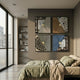 Urbanist 4-Set Vaulted Realms Acrylic & Leather 3D Wall Art by Giant Sculptures in taupe, brown and blue, displayed as a 2x2 grid above a bed.