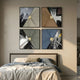 Urbanist 4-Set Reflected Towers Acrylic & Leather 3D Wall Art by Giant Sculptures in beige, tan, green, and blue, displayed above an upholstered bed.