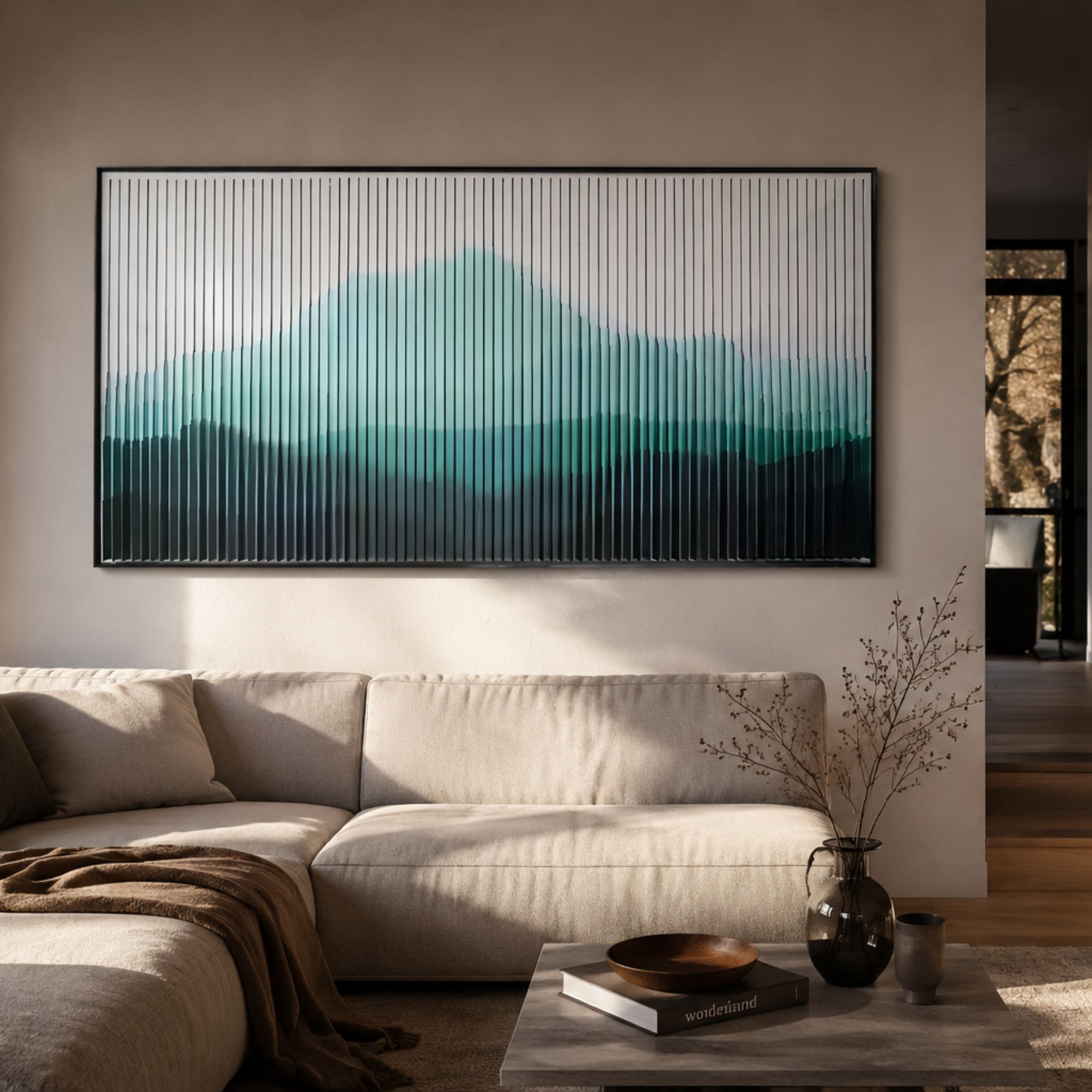 Horizon Jade Mist Mountain Acrylic 3D Wall Art by Giant Sculptures with teal and green gradient in a black frame, hung above a beige sofa in a living room.