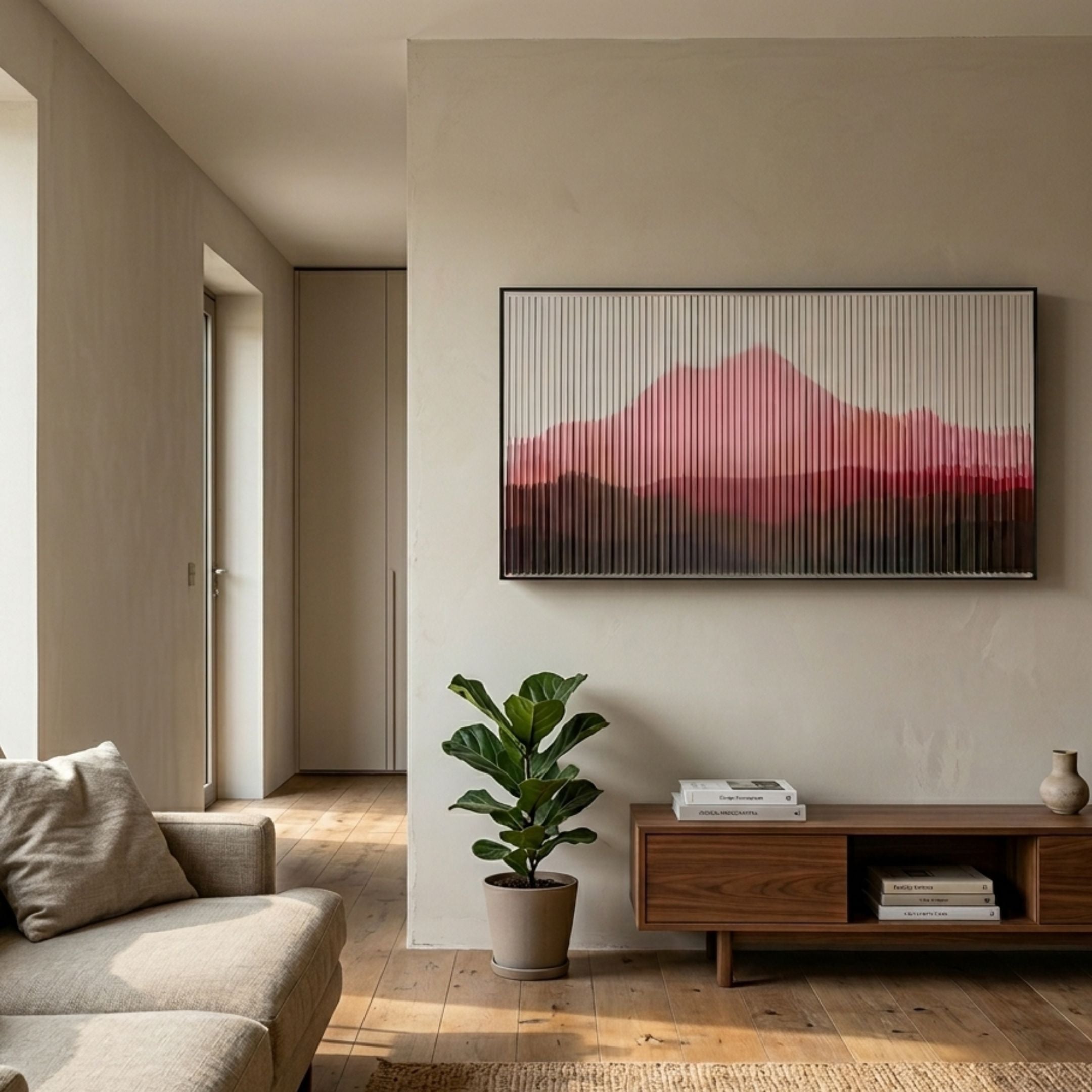 Horizon Crimson Dusk Mountain Acrylic 3D Wall Art by Giant Sculptures displayed above a walnut console in a neutral living room with sofa and fiddle-leaf fig.