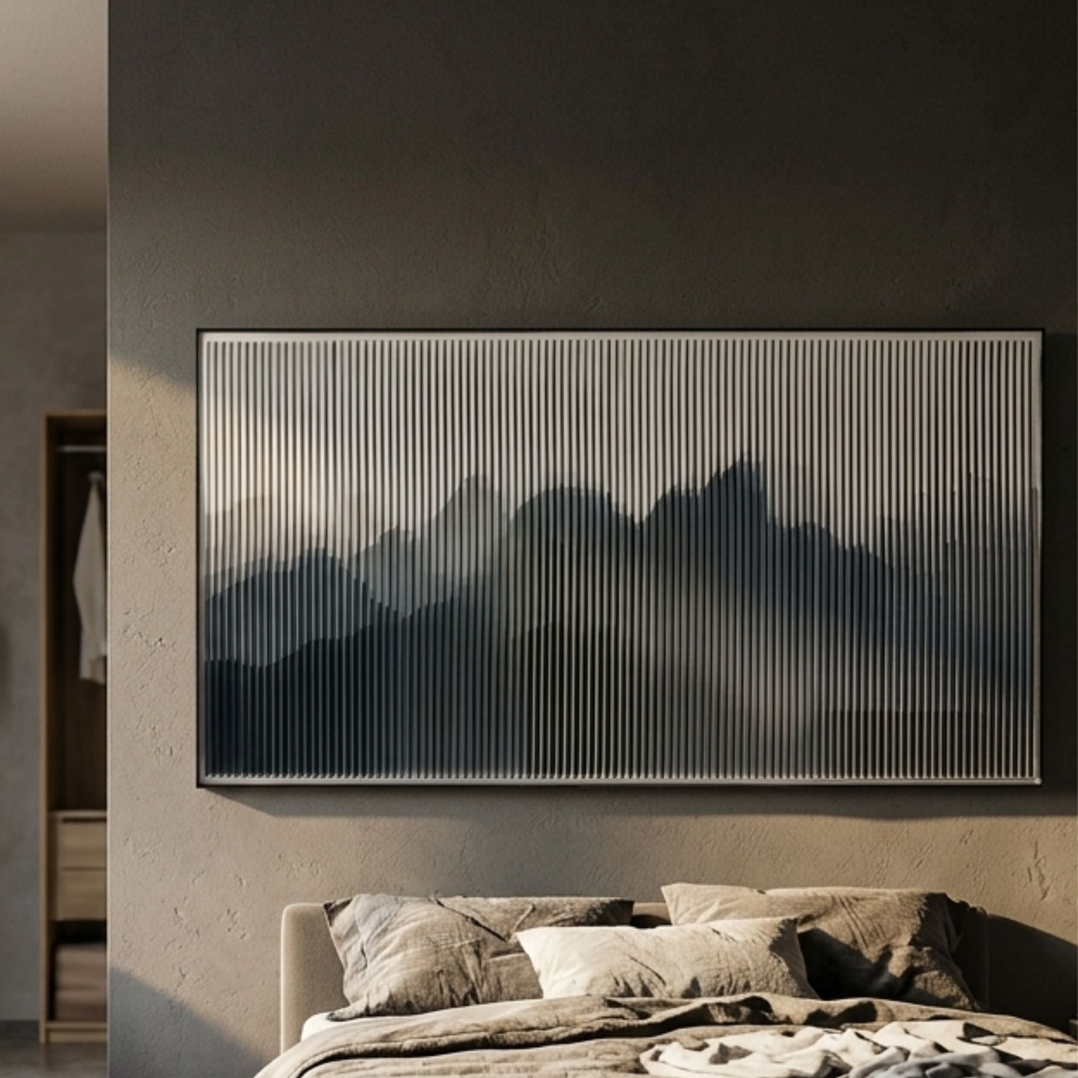Horizon II Slate Mist Mountain Acrylic 3D Wall Art by Giant Sculptures mounted above a linen-dressed bed, showing layered grey mountain silhouettes behind vertical black lines.