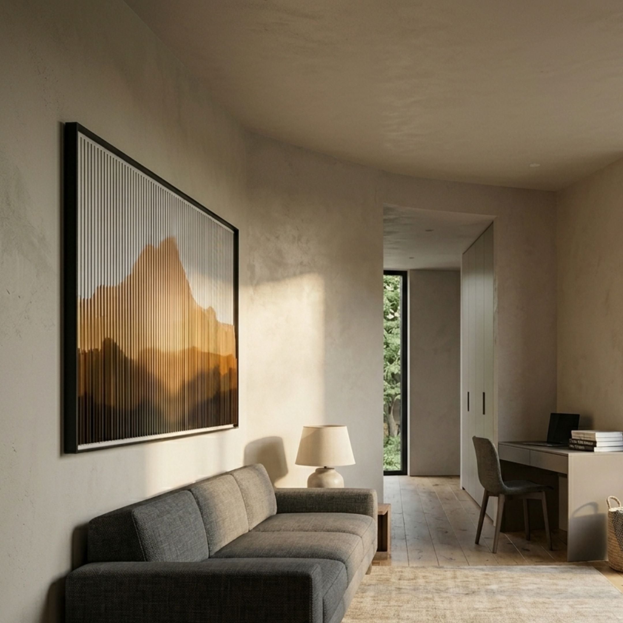 Horizon Amber Ridge Mountain Acrylic 3D Wall Art by Giant Sculptures displayed above a grey sofa in a warm minimalist living room with table lamp.