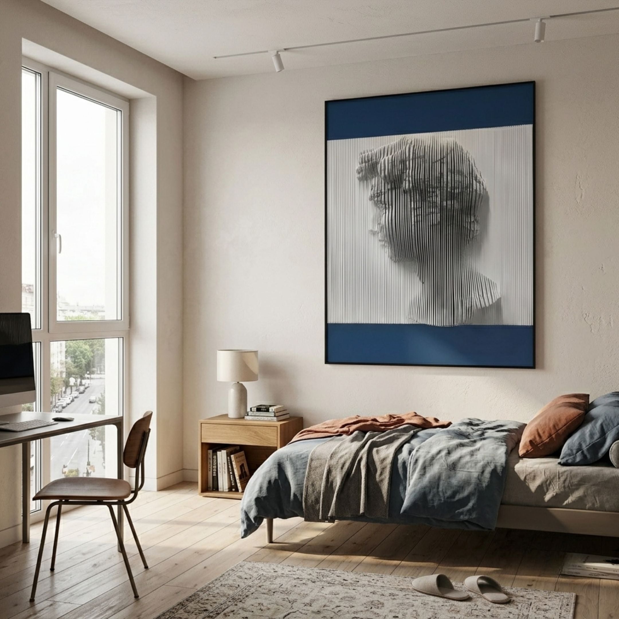 Edge Royal Blue David Bust Leather & Acrylic 3D Wall Art by Giant Sculptures displayed above a bed in a bright bedroom with a desk and window.