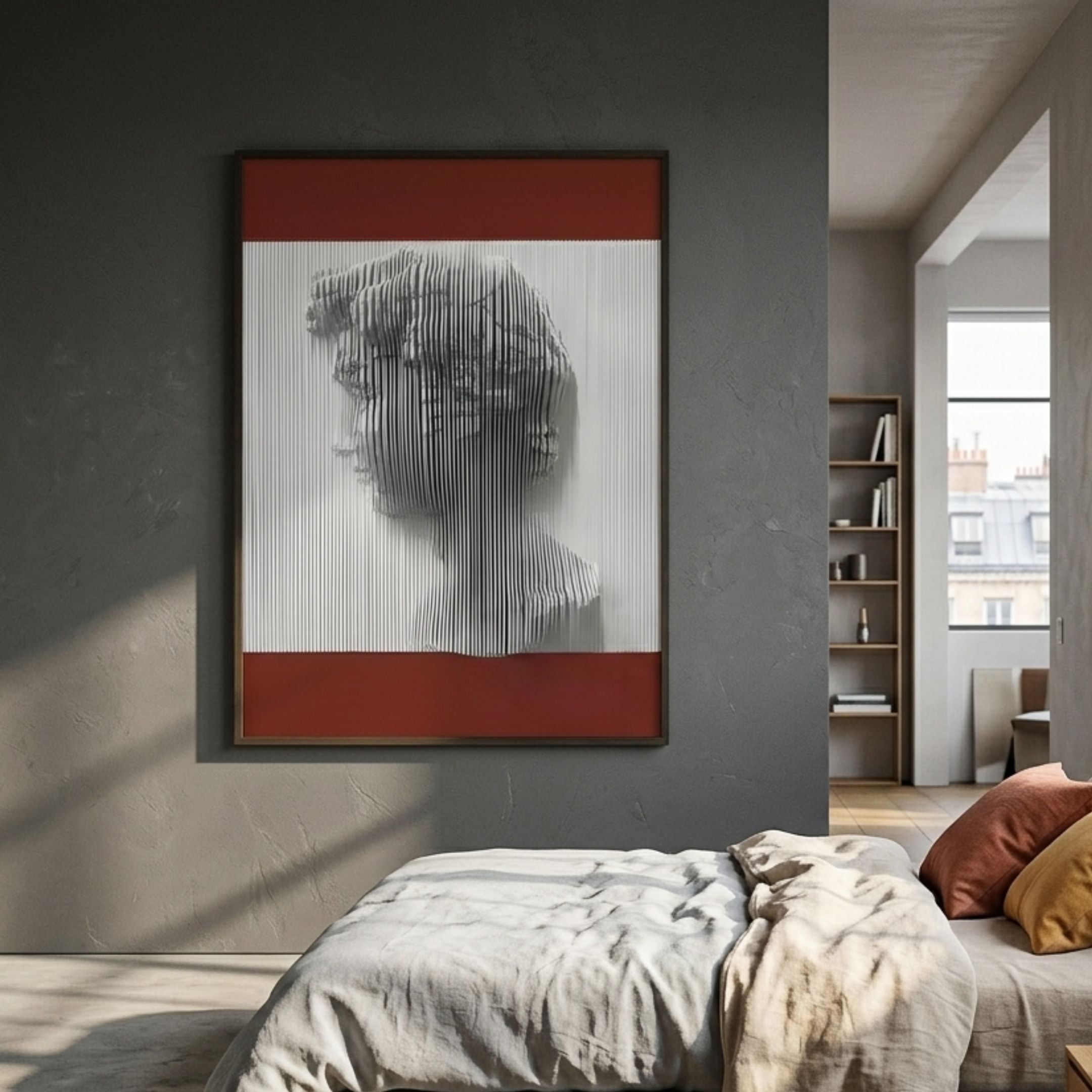 Edge Deep Crimson David Bust Leather & Acrylic 3D Wall Art by Giant Sculptures, white sliced-acrylic profile with red leather bands, above a bed in a grey bedroom.