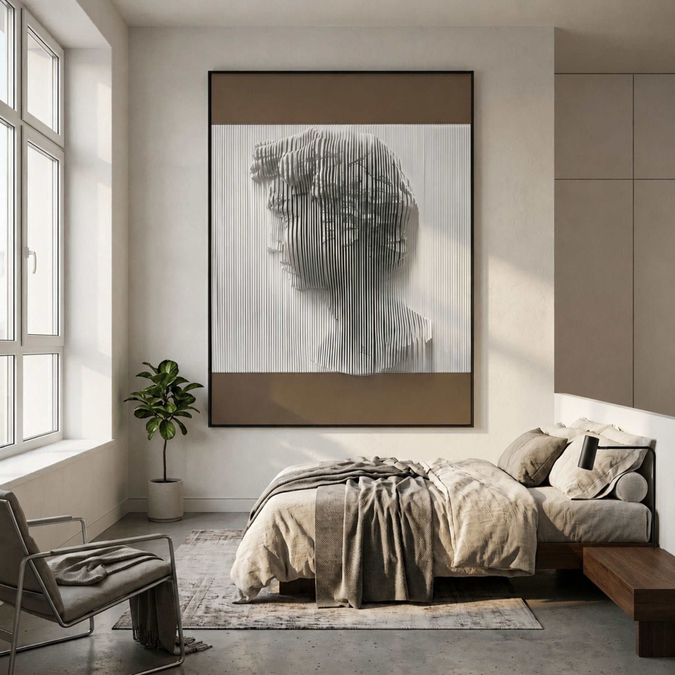 Edge Earth Brown David Bust Leather & Acrylic 3D Wall Art by Giant Sculptures displayed above a linen-dressed bed in a neutral modern bedroom.