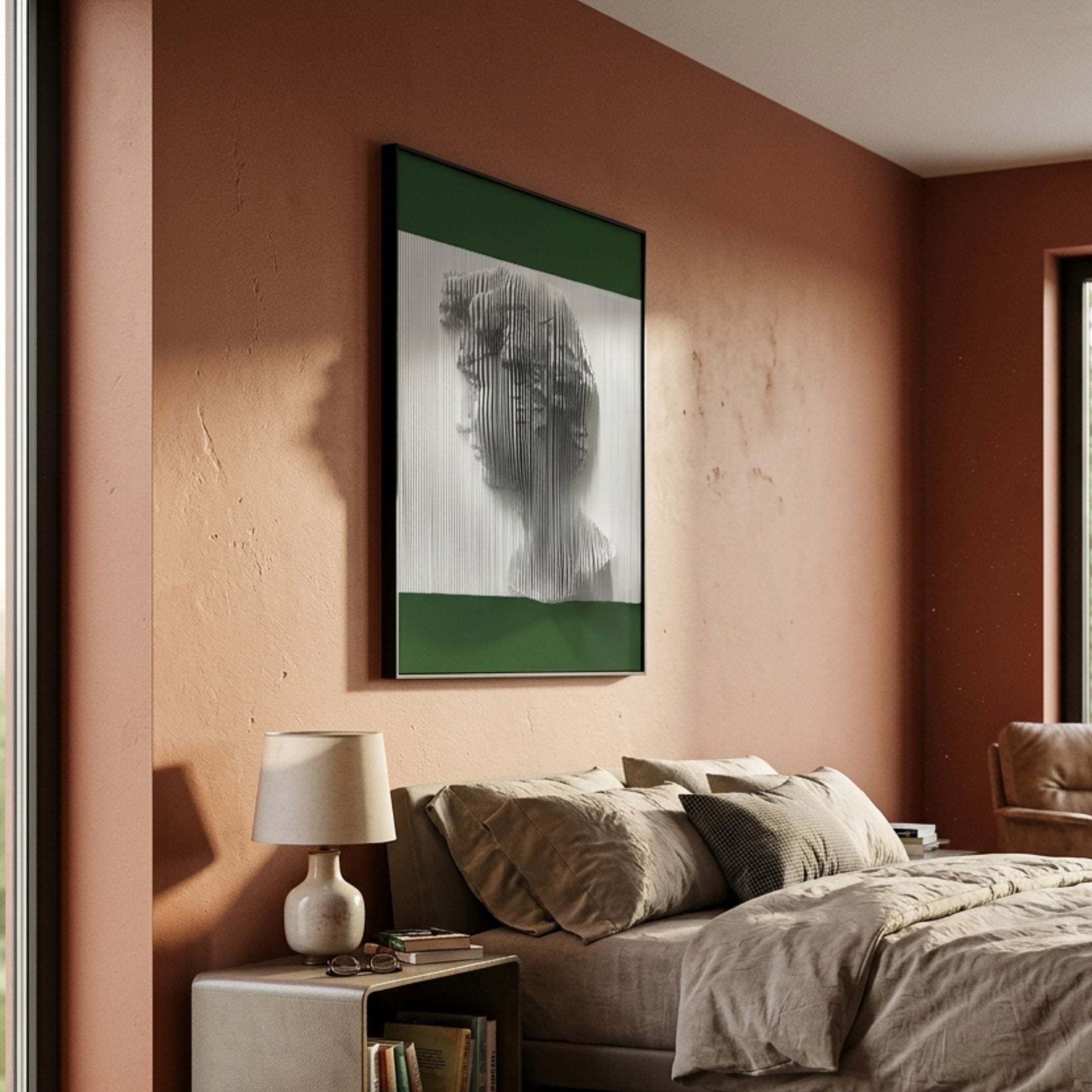 Edge Forest Green David Bust 3D Wall Art by Giant Sculptures displayed above a linen bed and ceramic lamp in a terracotta-walled bedroom.