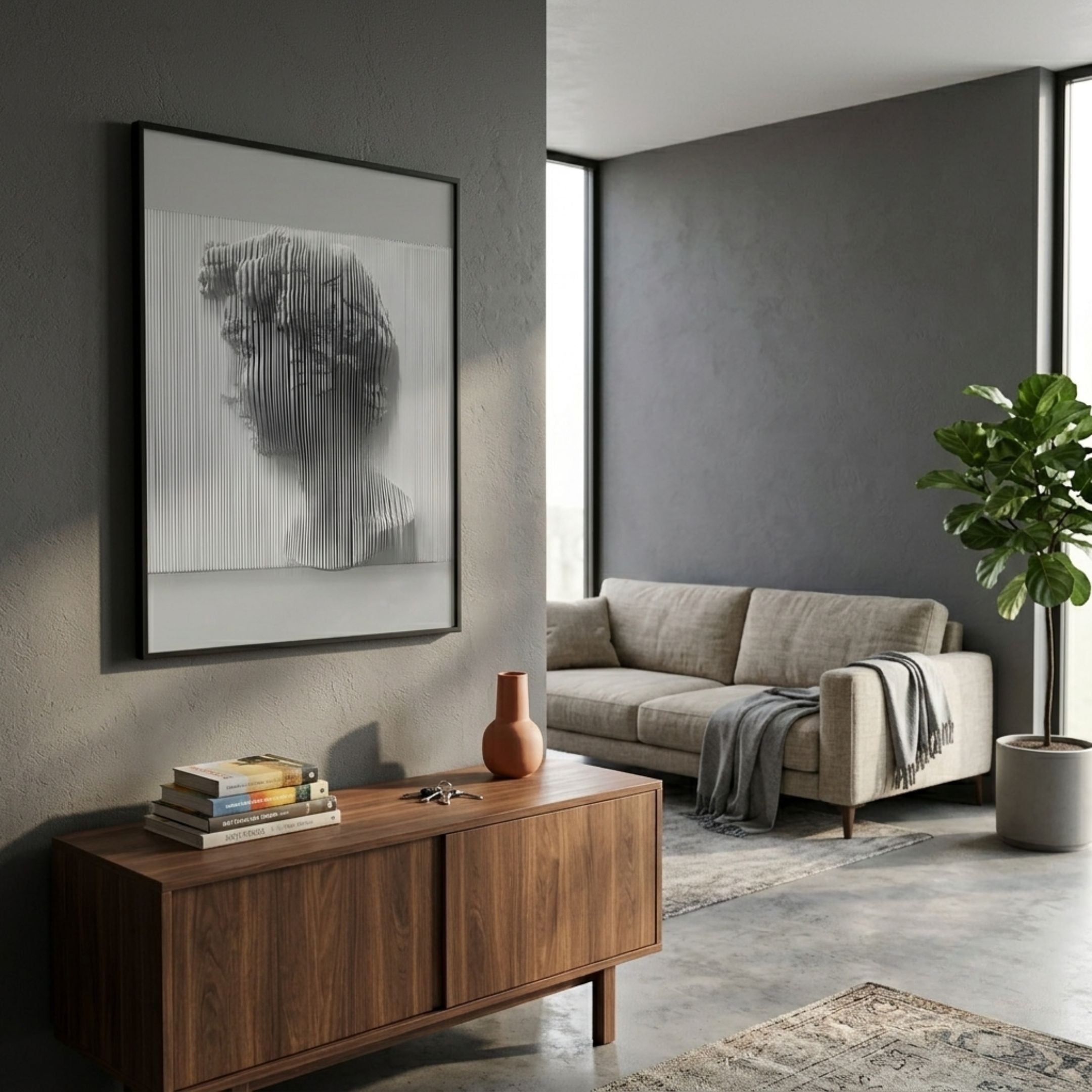 Edge Greige David Bust Leather & Acrylic 3D Wall Art by Giant Sculptures in a black frame, displayed above a walnut sideboard beside a beige sofa and fiddle-leaf fig.