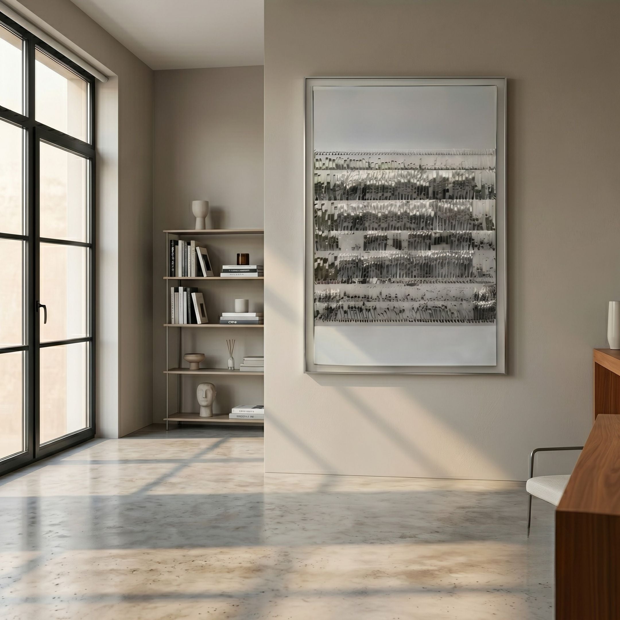 Rhythm I Silver Layered Stripe Leather 3D Wall Art by Giant Sculptures displayed on a beige wall in a sunlit modern room with bookshelf and wood sideboard.