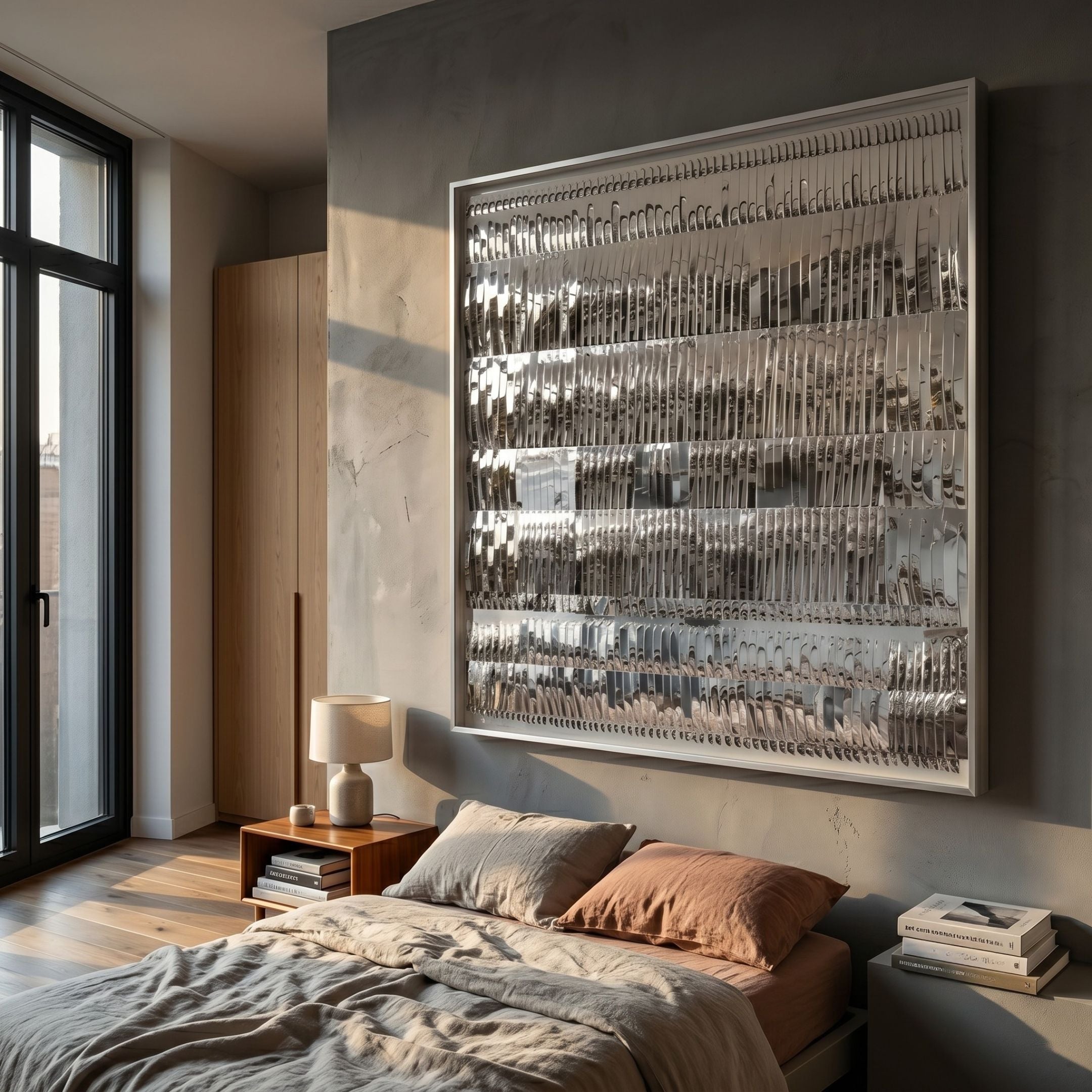Rhythm II Silver Layered Stripe Leather 3D Wall Art
