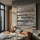 Giant Sculptures Rhythm II Silver Layered Stripe Leather 3D Wall Art of polished cutlery rows in a white frame, mounted above a bed in a sunlit bedroom.