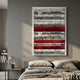 Rhythm Crimson and Silver Layered Stripe Leather 3D Wall Art by Giant Sculptures displayed above a bed with linen pillows in a grey modern bedroom.