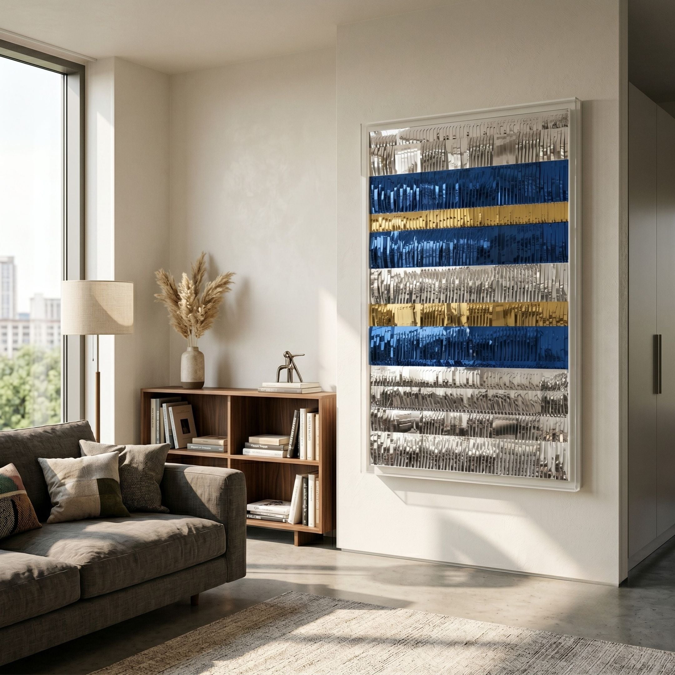 Rhythm Sapphire and Gold Layered Stripe Leather 3D Wall Art by Giant Sculptures mounted in a modern living room above a walnut bookshelf beside a grey sofa.