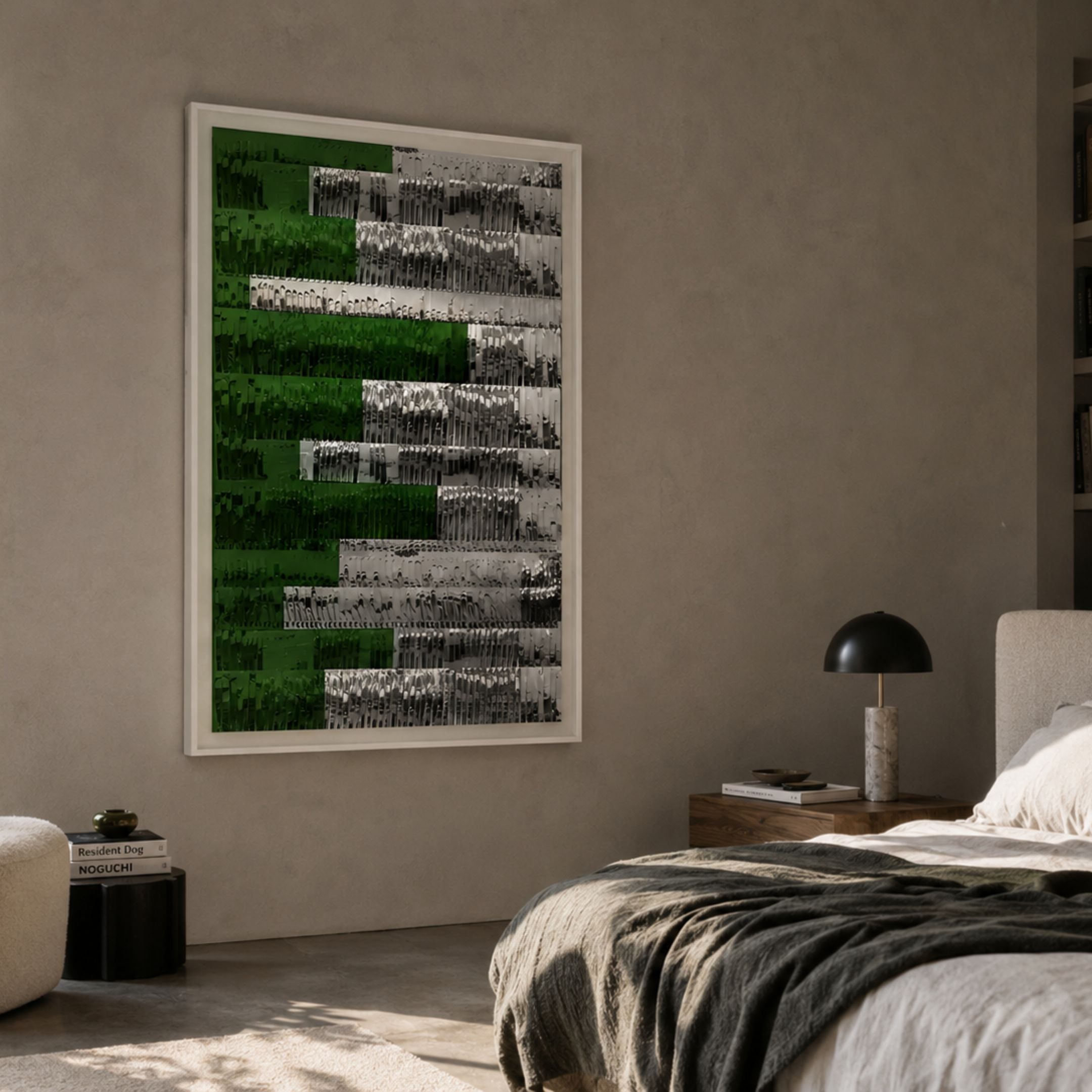 Rhythm Emerald & Silver Layered Stripe Leather 3D Wall Art by Giant Sculptures displayed in a neutral bedroom above a bedside table with lamp.